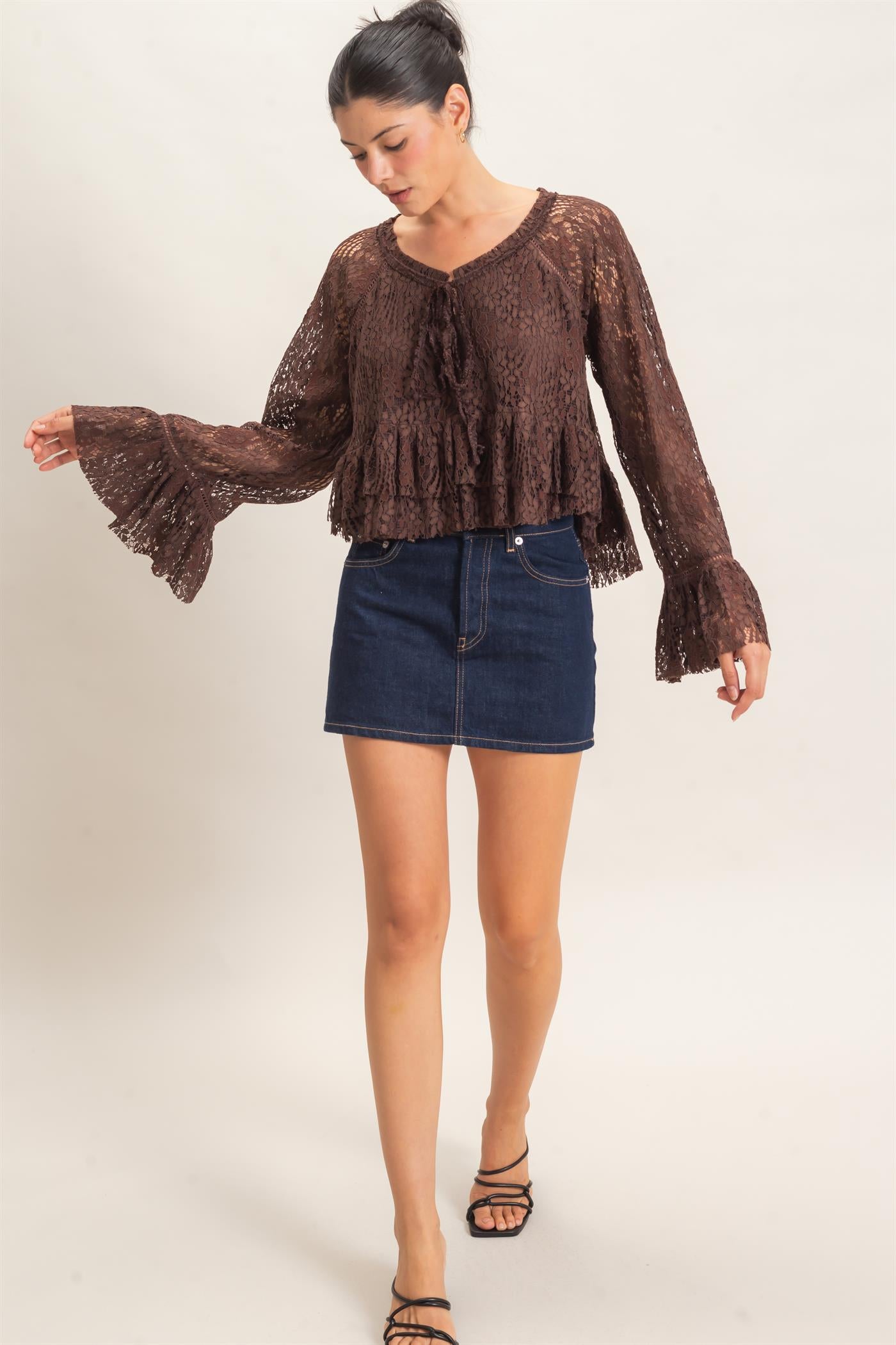 Wholesale Lace Bell Sleeve Top Blouses HF26C768 BROWN HYFVE