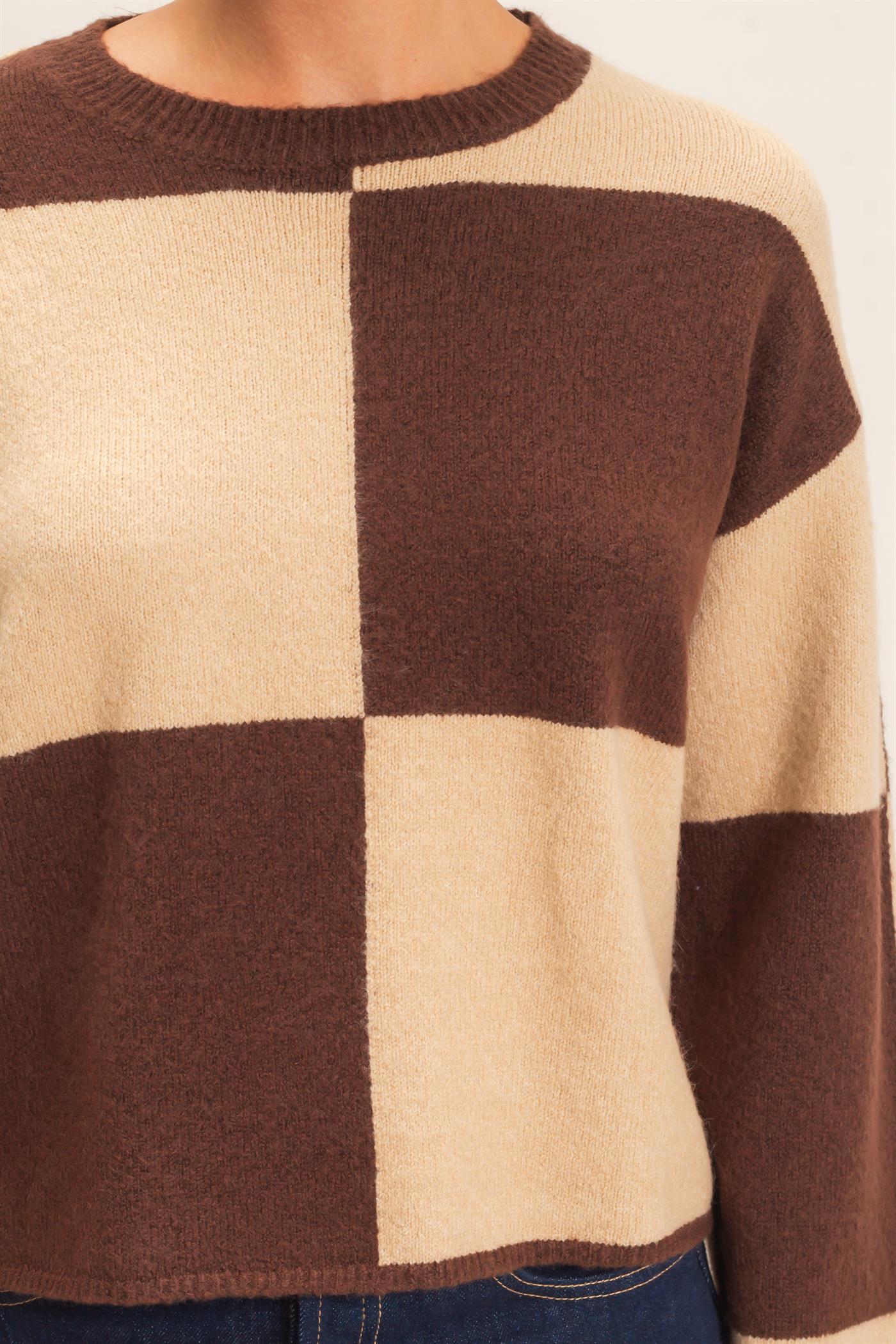 Wholesale Crew Neck Checkered Sweater Sweaters DZ26C980 DARK BROWN DOUBLE ZERO
