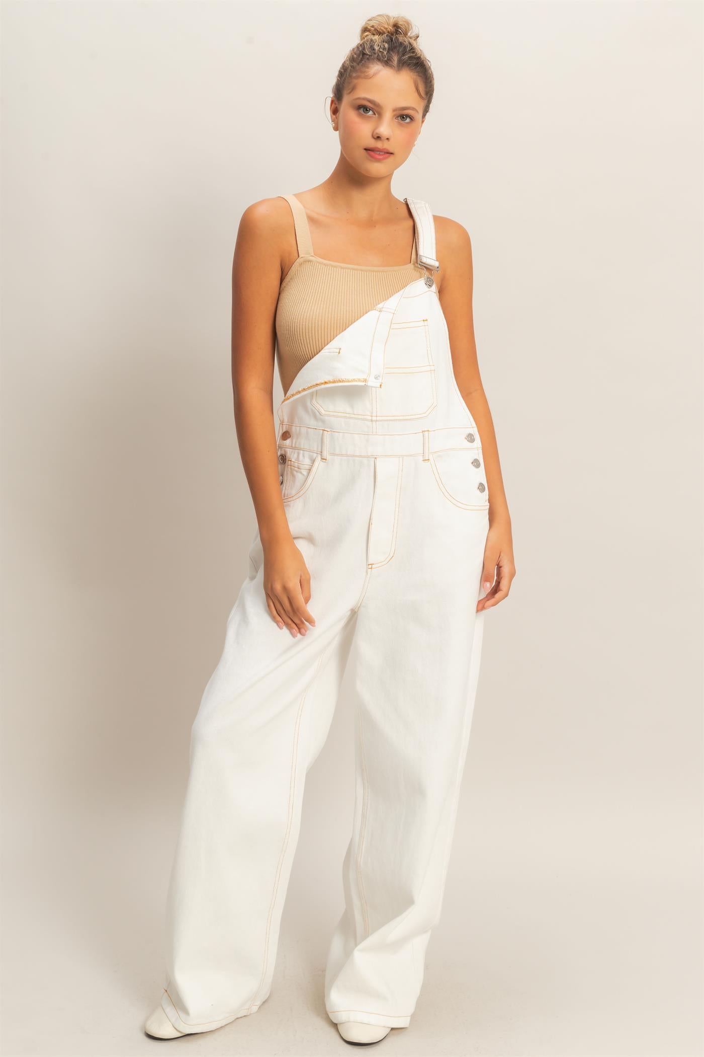Wholesale Snow Wash Denim Overalls Clothing HF26C185 WHITE DENIM HYFVE