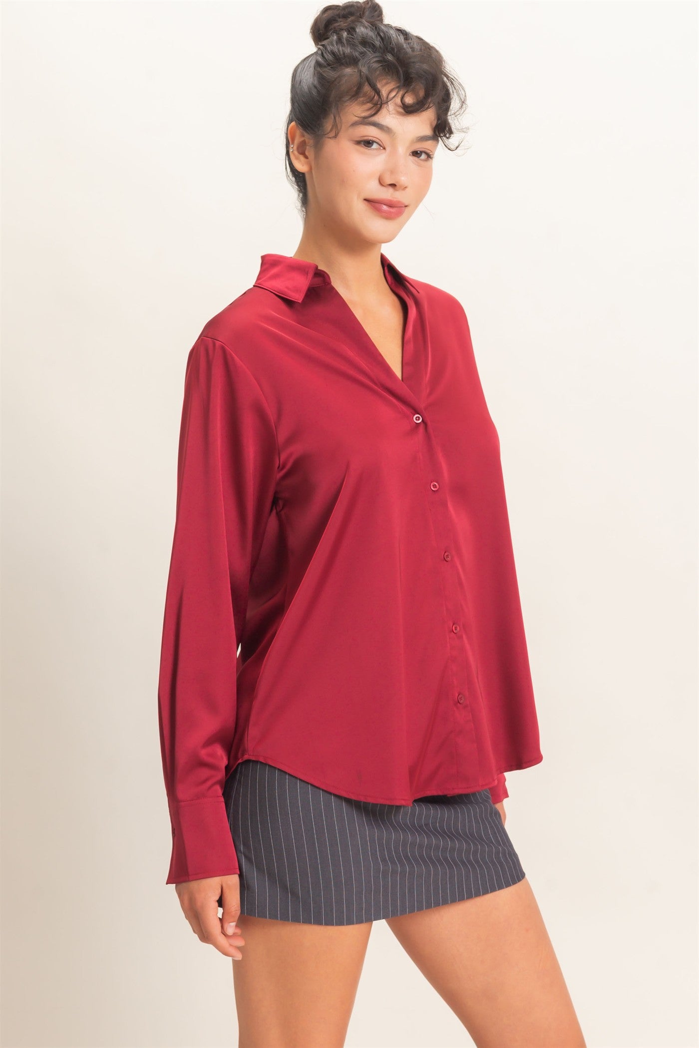 Wholesale Satin Button-Down Shirts Shirts DZ26E265 BURGUNDY DOUBLE ZERO