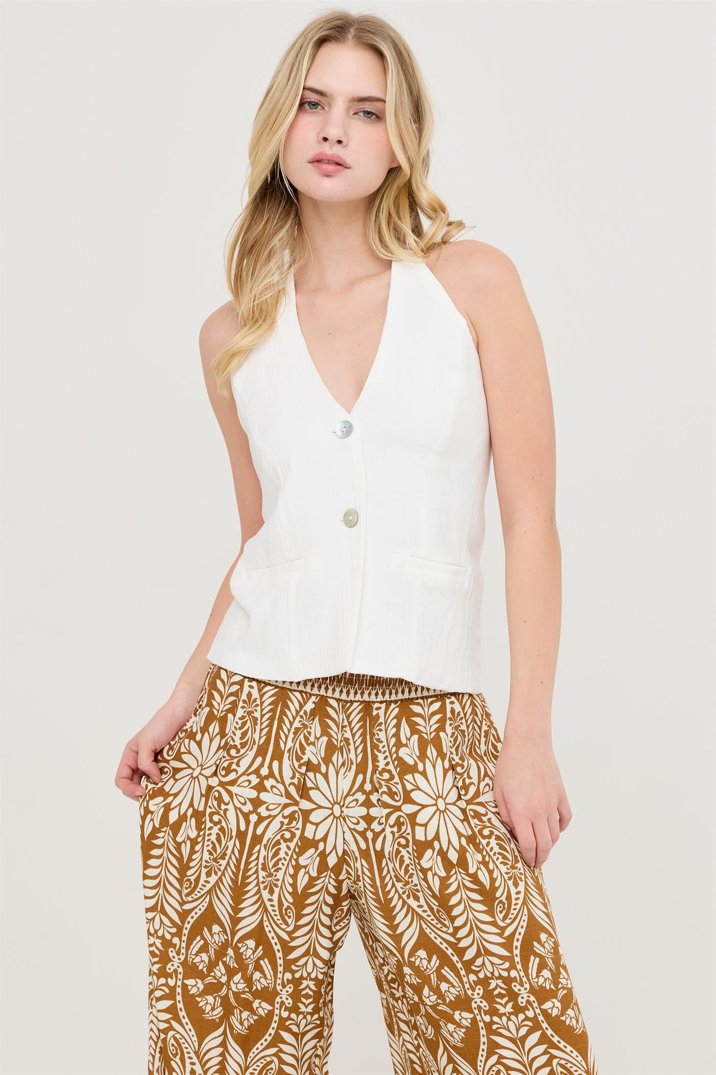 Wholesale Button Front Halter Top Clothing Tops HF26C130 WHITE HYFVE