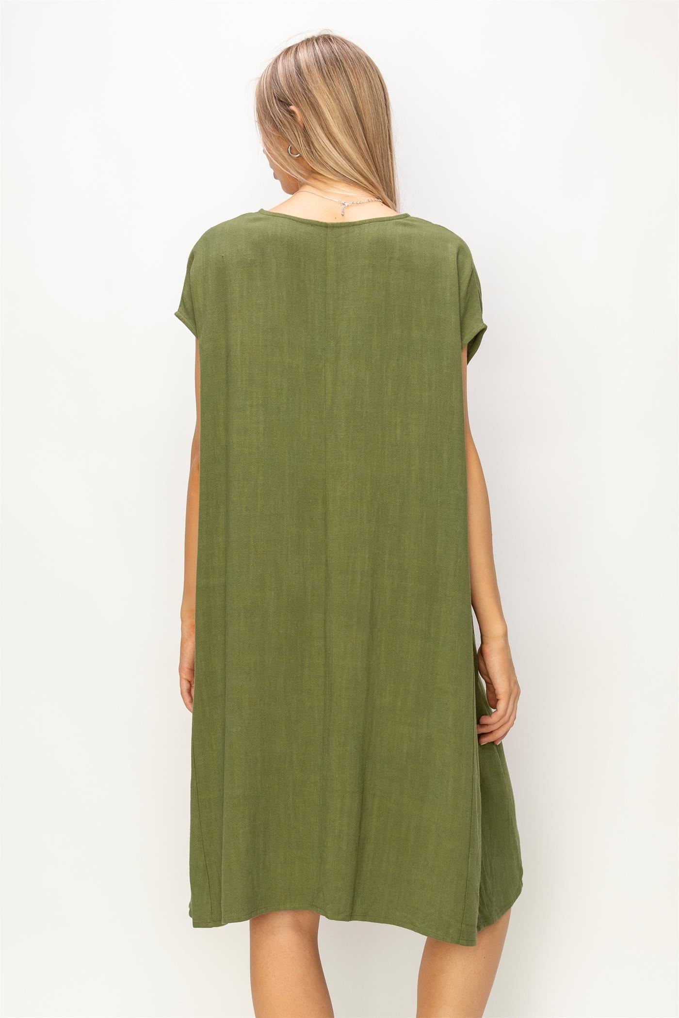 Wholesale V-Neck Oversized Linen Midi Dress Dresses DZ23E033-D MOSS DOUBLE ZERO