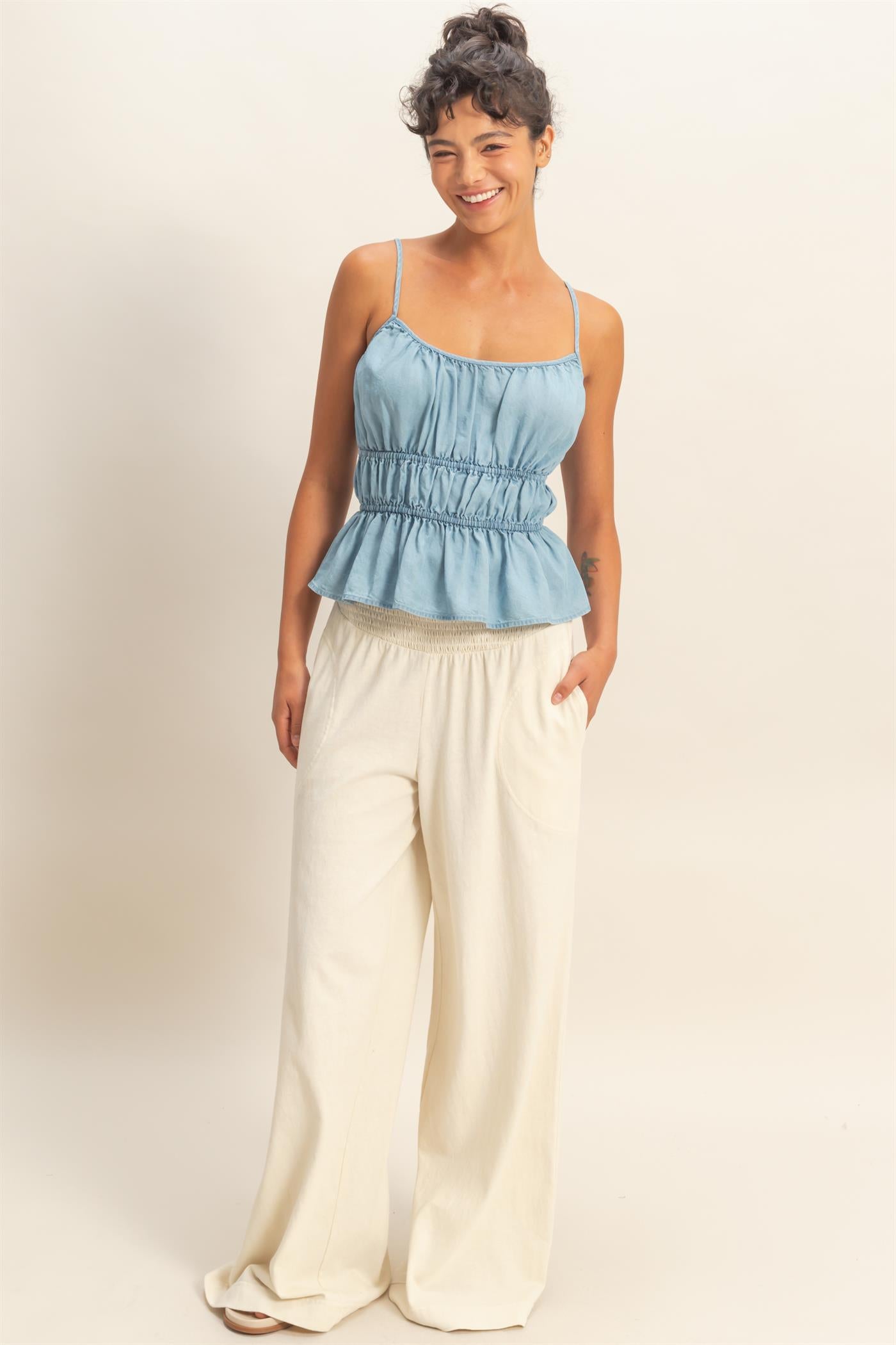 Wholesale Cinched Waist Peplum Top Camisoles DZ26C101 LIGHT BLUE DOUBLE ZERO