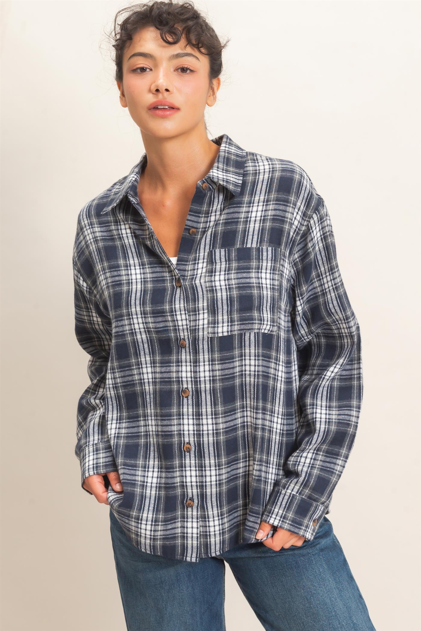 Wholesale Plaid Long Sleeve Shirt Shirts DZ26F275 NAVY DOUBLE ZERO