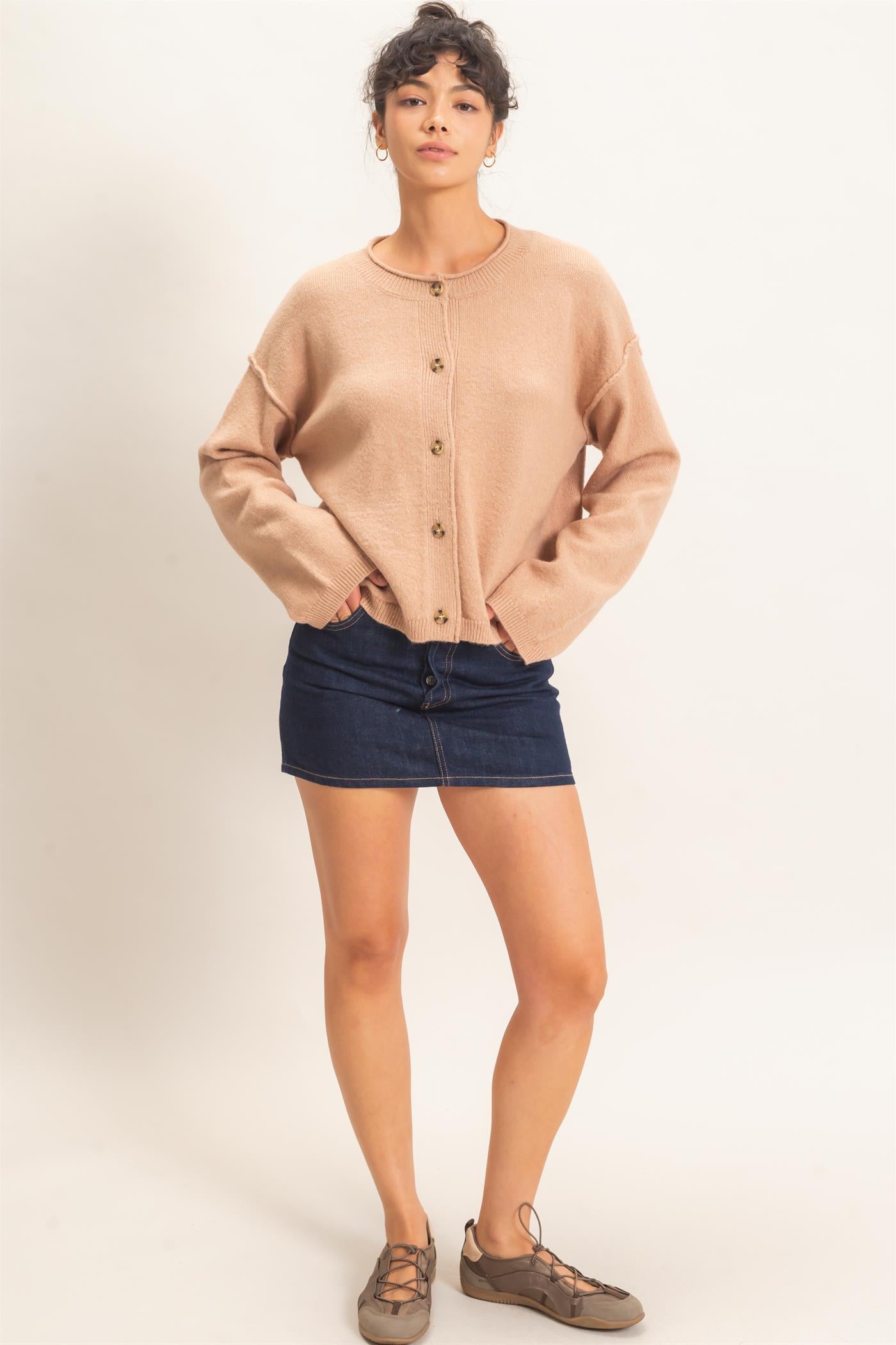 Wholesale Crew Neck Loose Fit Cardigan Cardigans DZ26E269 DARK TAUPE DOUBLE ZERO