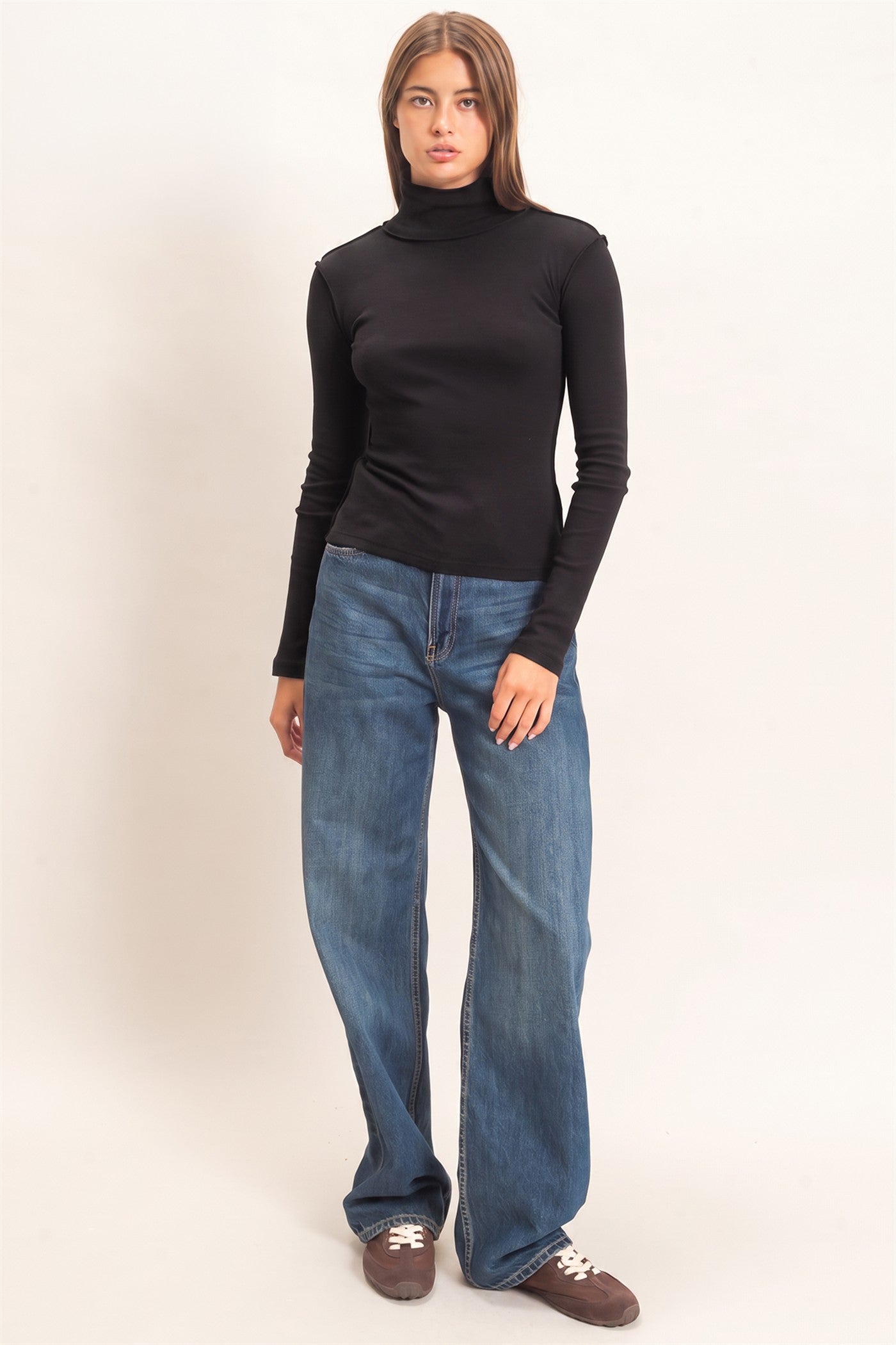 Wholesale Turtleneck Exposed Seam Long Sleeve Top Clothing Tops DZ26F241 BLACK HYFVE