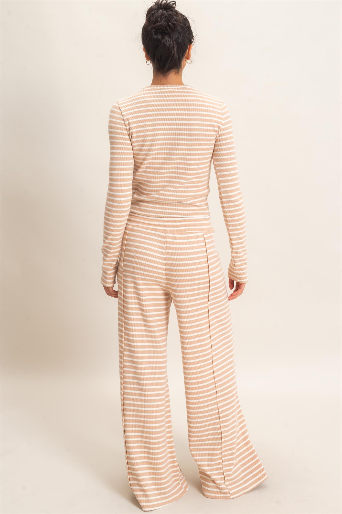 Wholesale Striped Waffle Long Sleeve Top & Pants Set Clothing DZ25F479-SET SAND DOUBLE ZERO