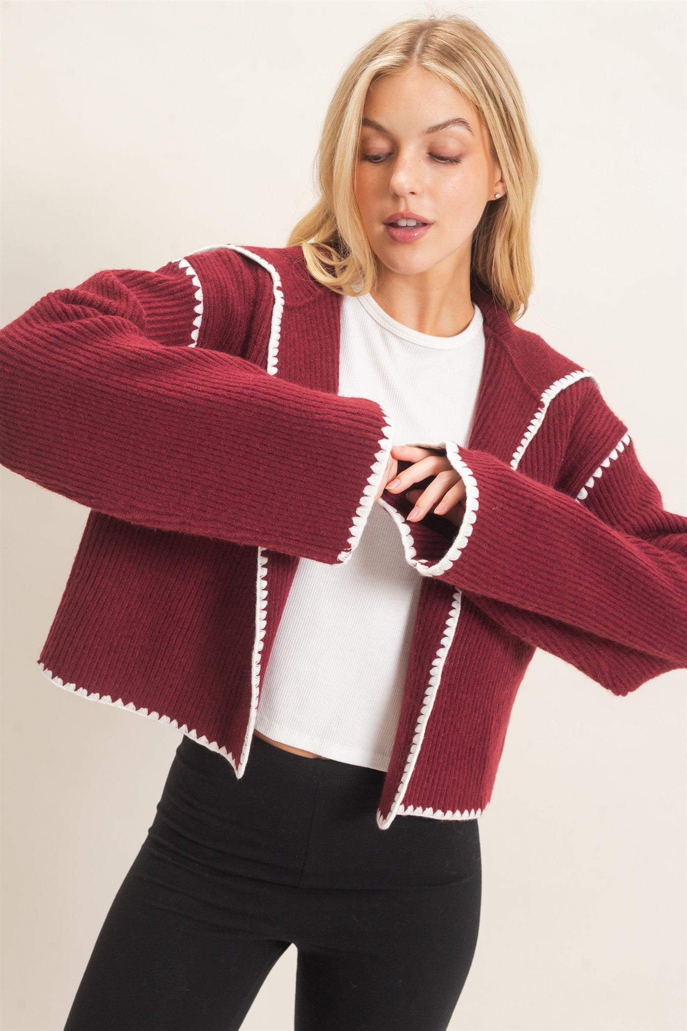 Wholesale Collared Cardigan Sweater With Picot Trim Cardigans HF26E897 MERLOT HYFVE
