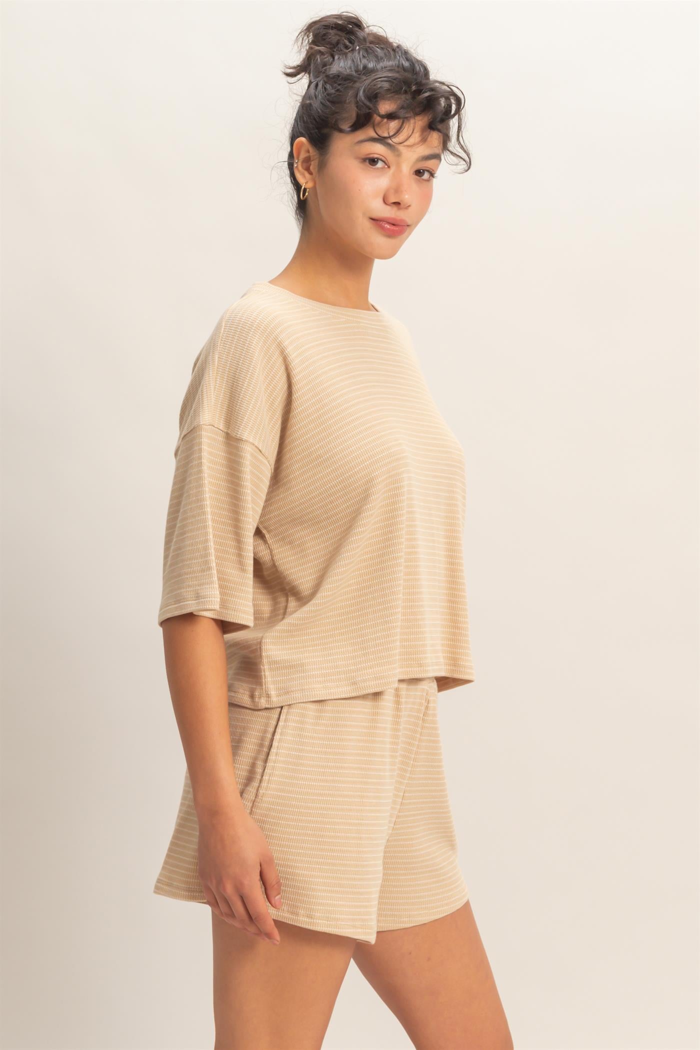 Wholesale Striped Round Neck Top & Shorts Set Clothing DZ26A045-SET TAUPE DOUBLE ZERO