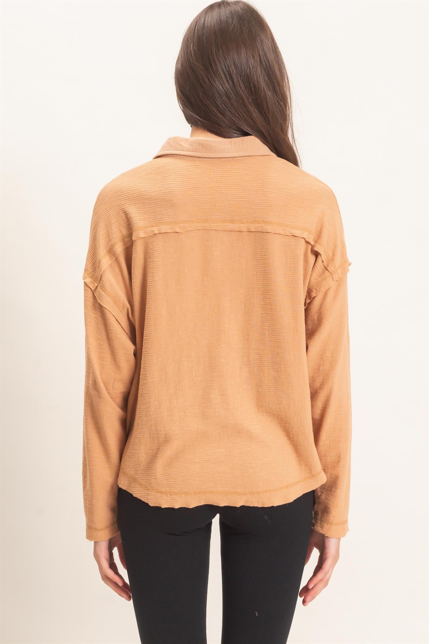 Wholesale Textured Button-Up Shirt Clothing Tops HF26C878 LIGHT BROWN HYFVE