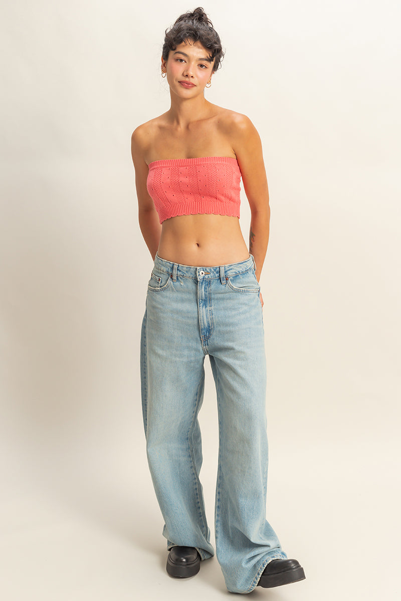 Wholesale Strapless Pointelle Crop Top Clothing Tops DZ23A821 CORAL DOUBLE ZERO