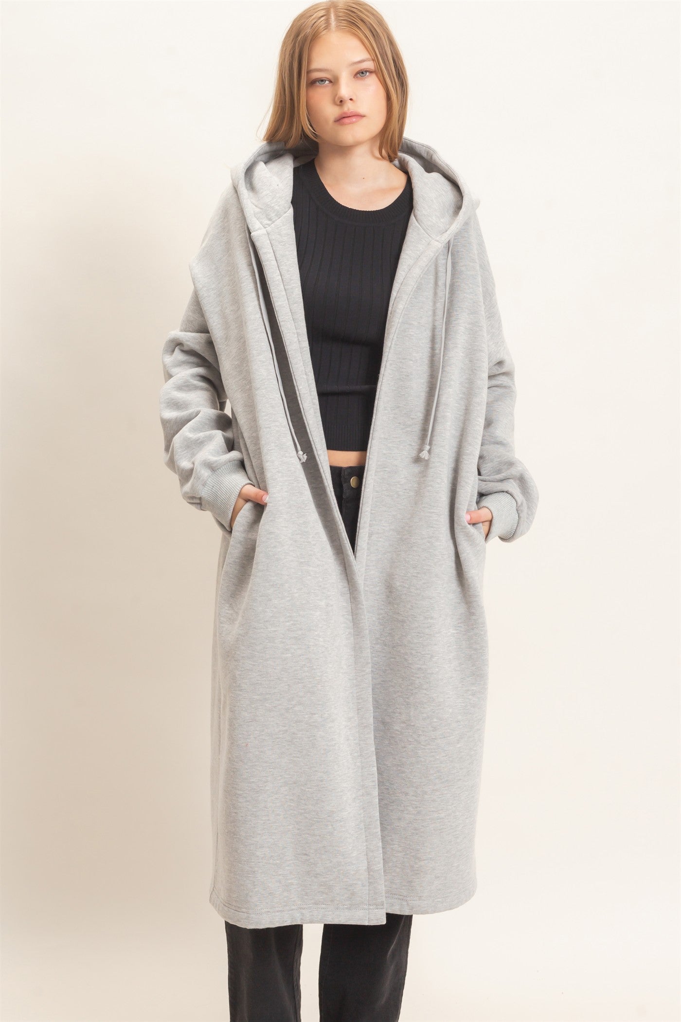 Wholesale Oversized Hooded Open Front Coat Coats & Jackets HF26F142-D H.GRAY HYFVE