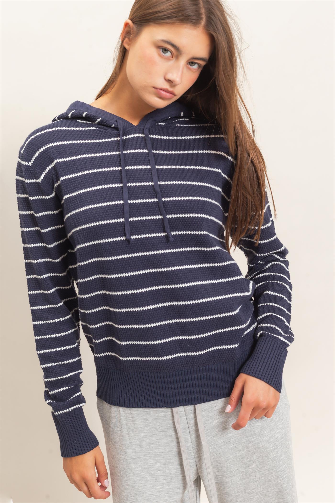 Wholesale Striped Hooded Sweater Hoodies DZ26C972 NAVY DOUBLE ZERO