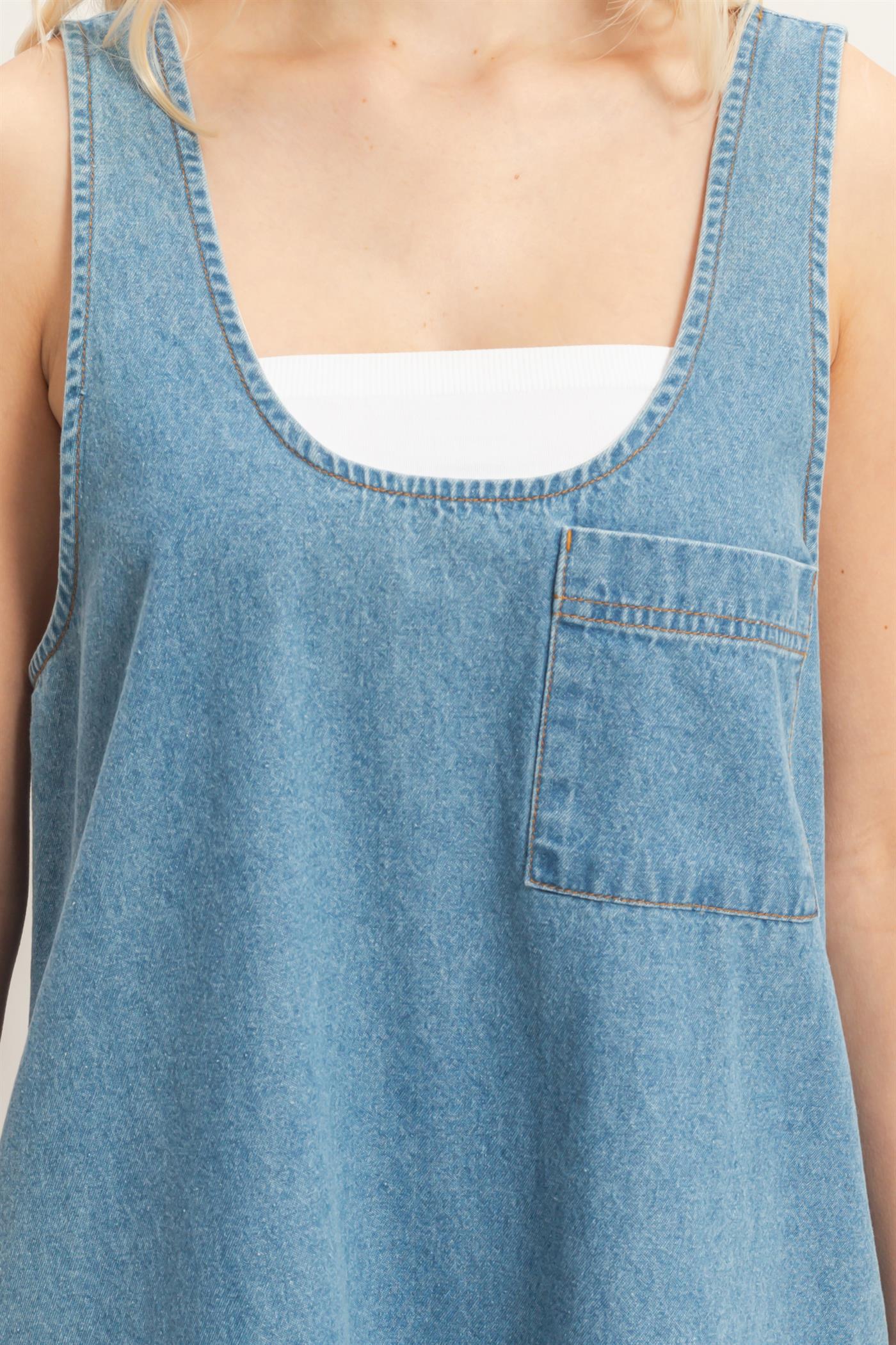 Wholesale Sleeveless Denim Shift Dress Dresses DZ26C204 MEDIUM BLUE DOUBLE ZERO