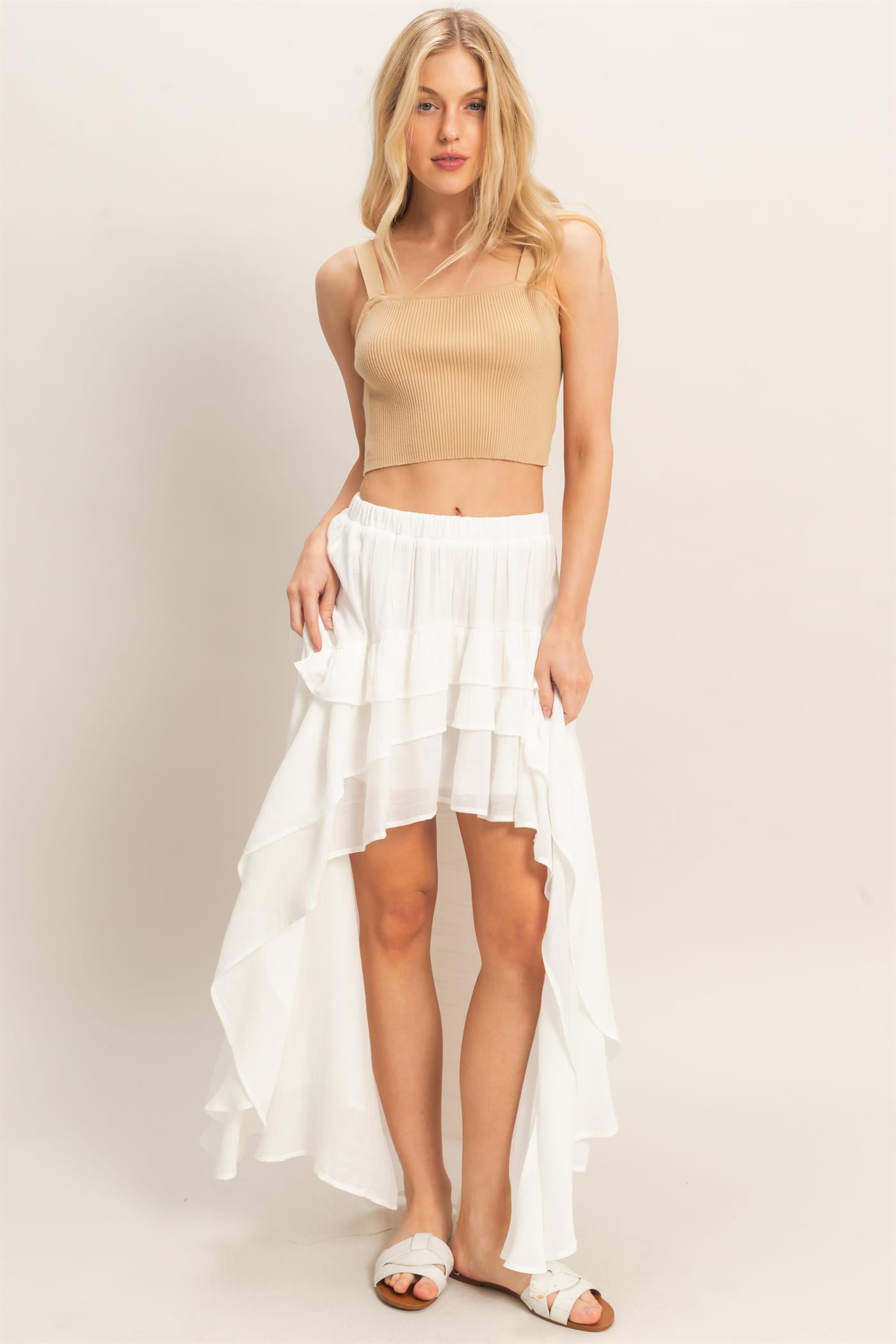 Wholesale Tiered Ruffle High-Low Skirt Skirts HF26C194 WHITE HYFVE