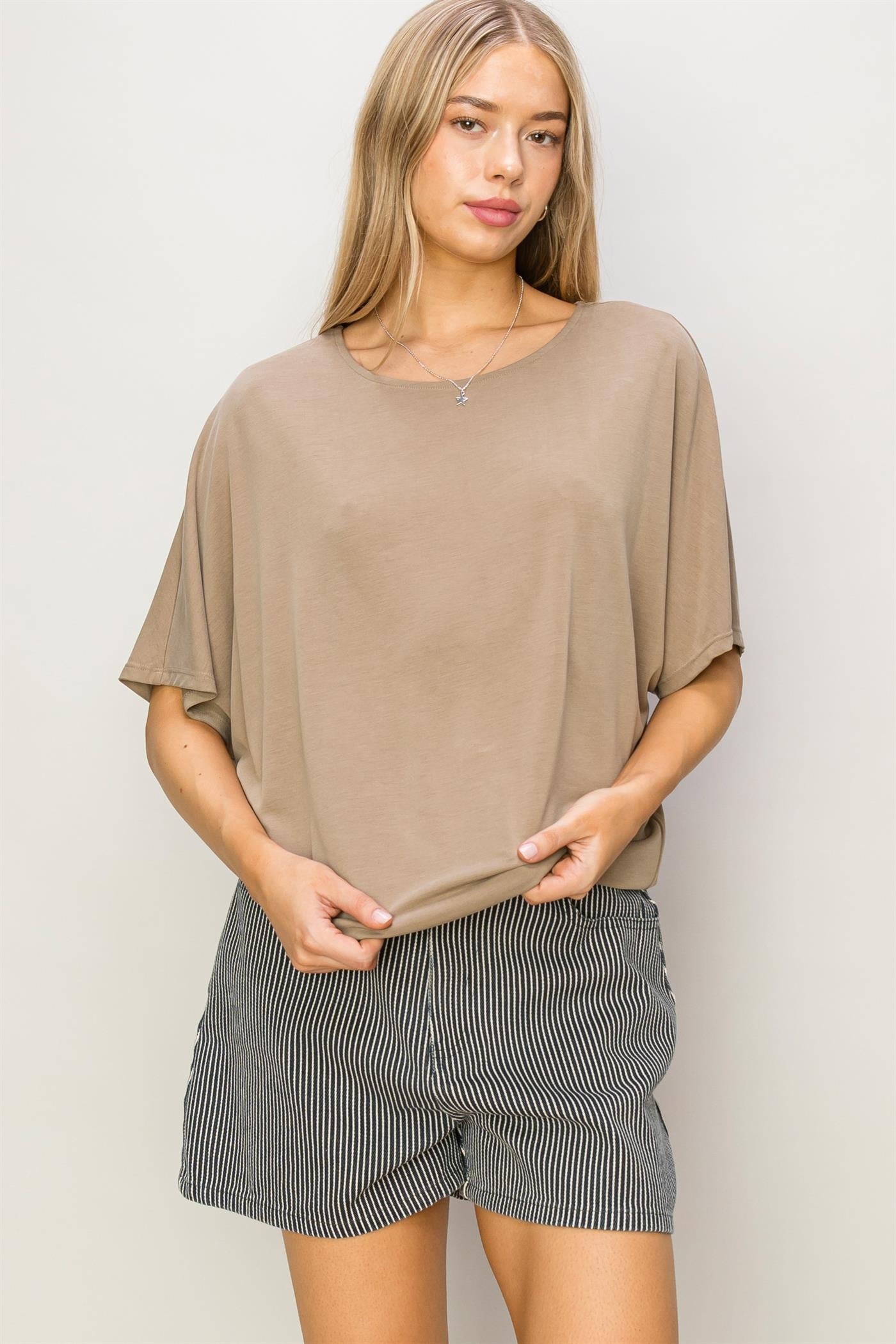 Wholesale D-Elbow Length Dolman Sleeve Top Clothing Tops DZ24C199-D MOCHA BROWN DOUBLE ZERO