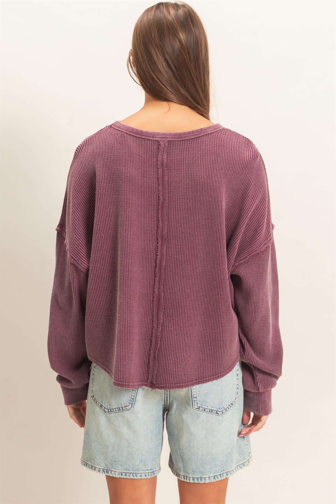 Wholesale Mineral Wash Waffle Oversized Top Clothing Tops DZ26E248 DARK CHERRY DOUBLE ZERO