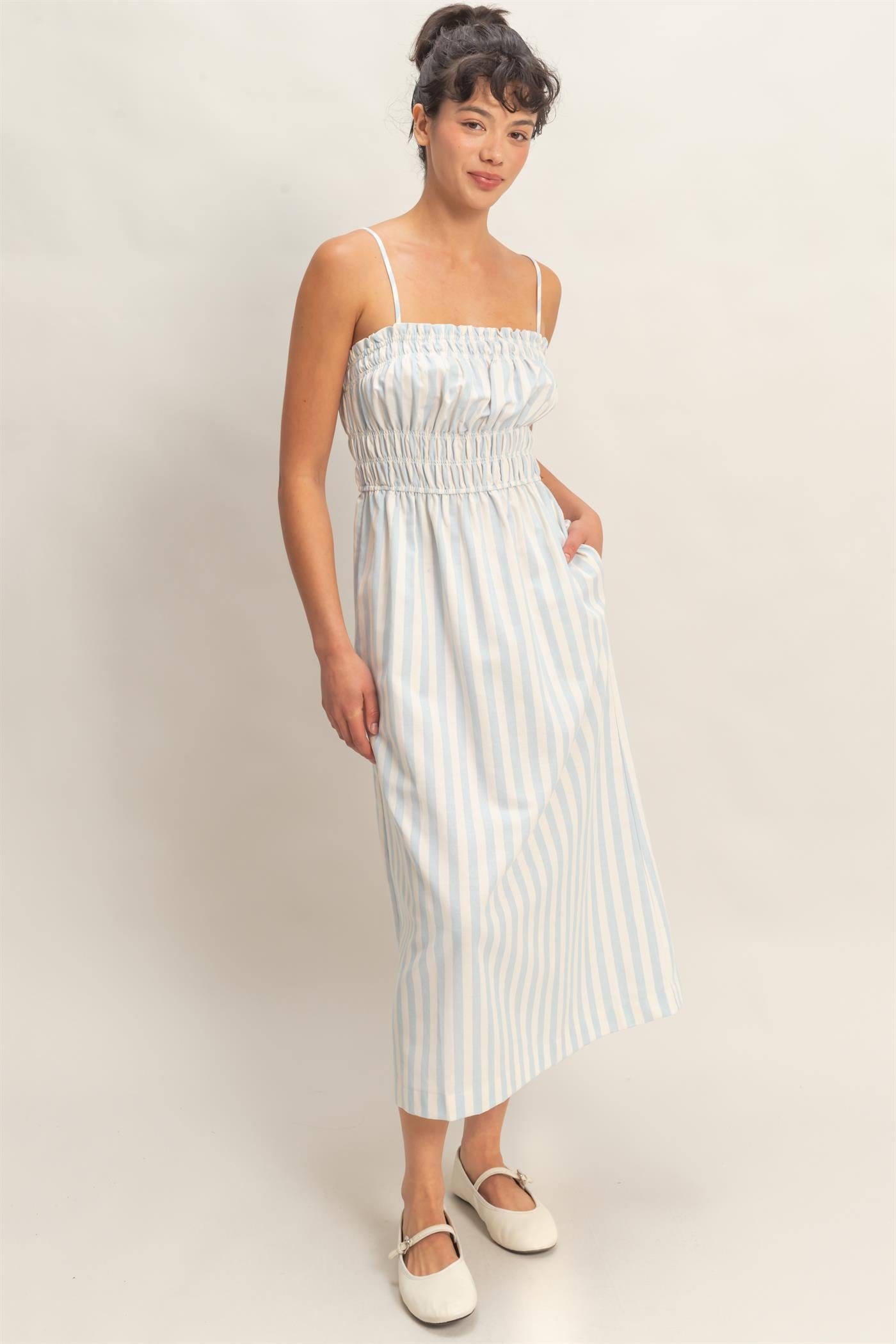 Wholesale Striped Spaghetti Strap Smocking Midi Dress Dresses DZ26C191 BLUE DOUBLE ZERO