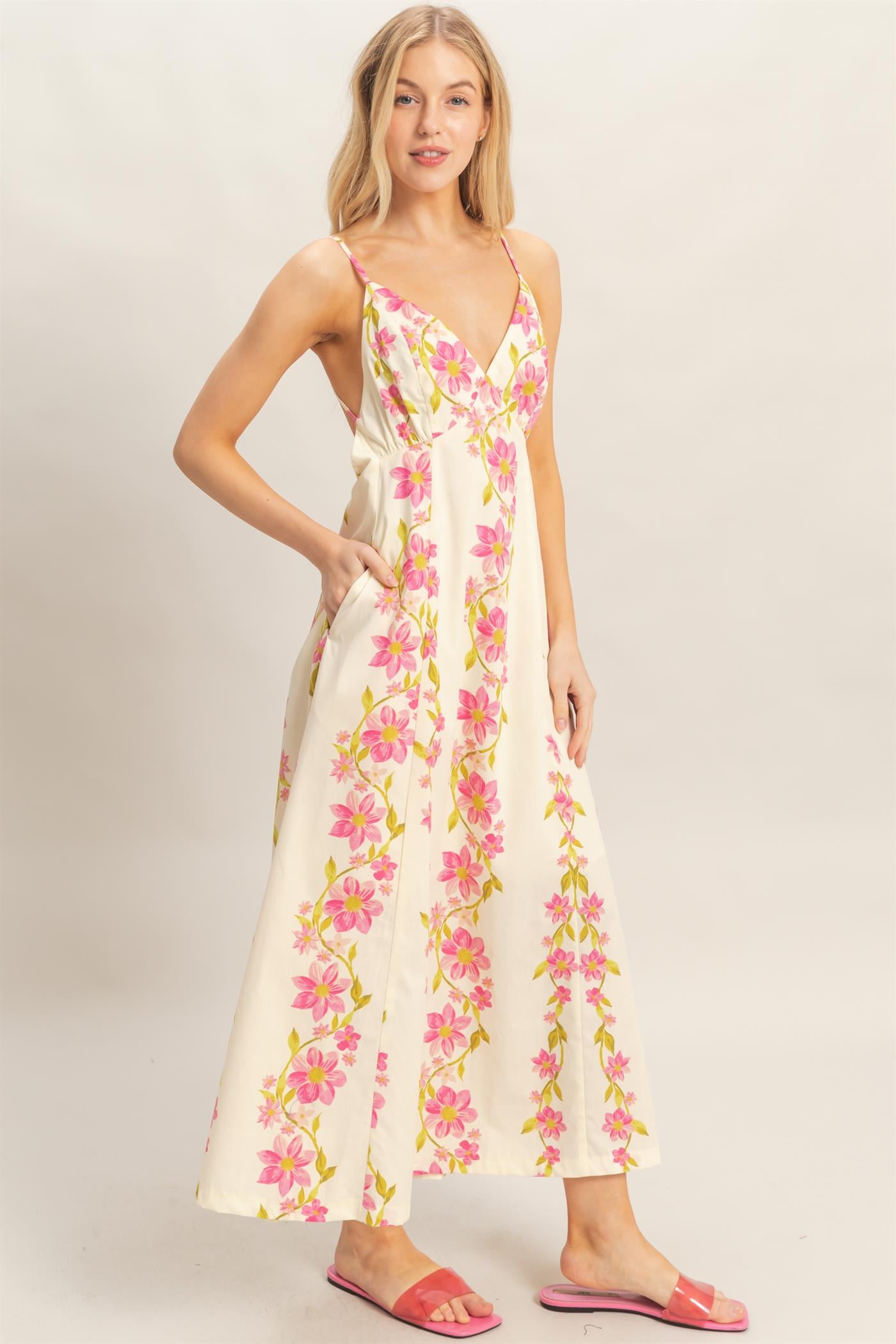 Wholesale Floral V-Neck Cami Dress Dresses HF26A493 PINK HYFVE