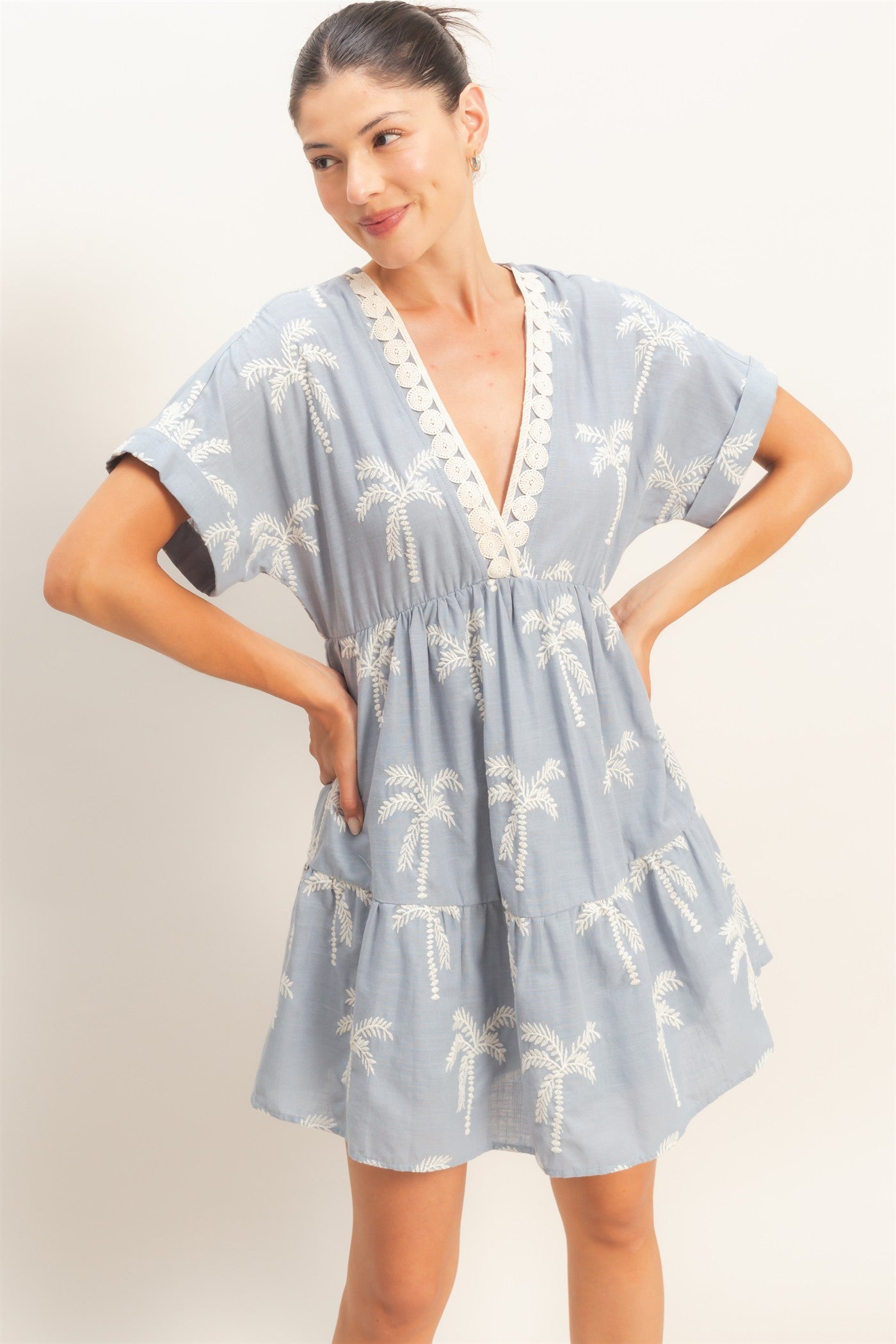 Wholesale Tiered V-Neck Dress Dresses HF26C231 DUSTY BLUE HYFVE