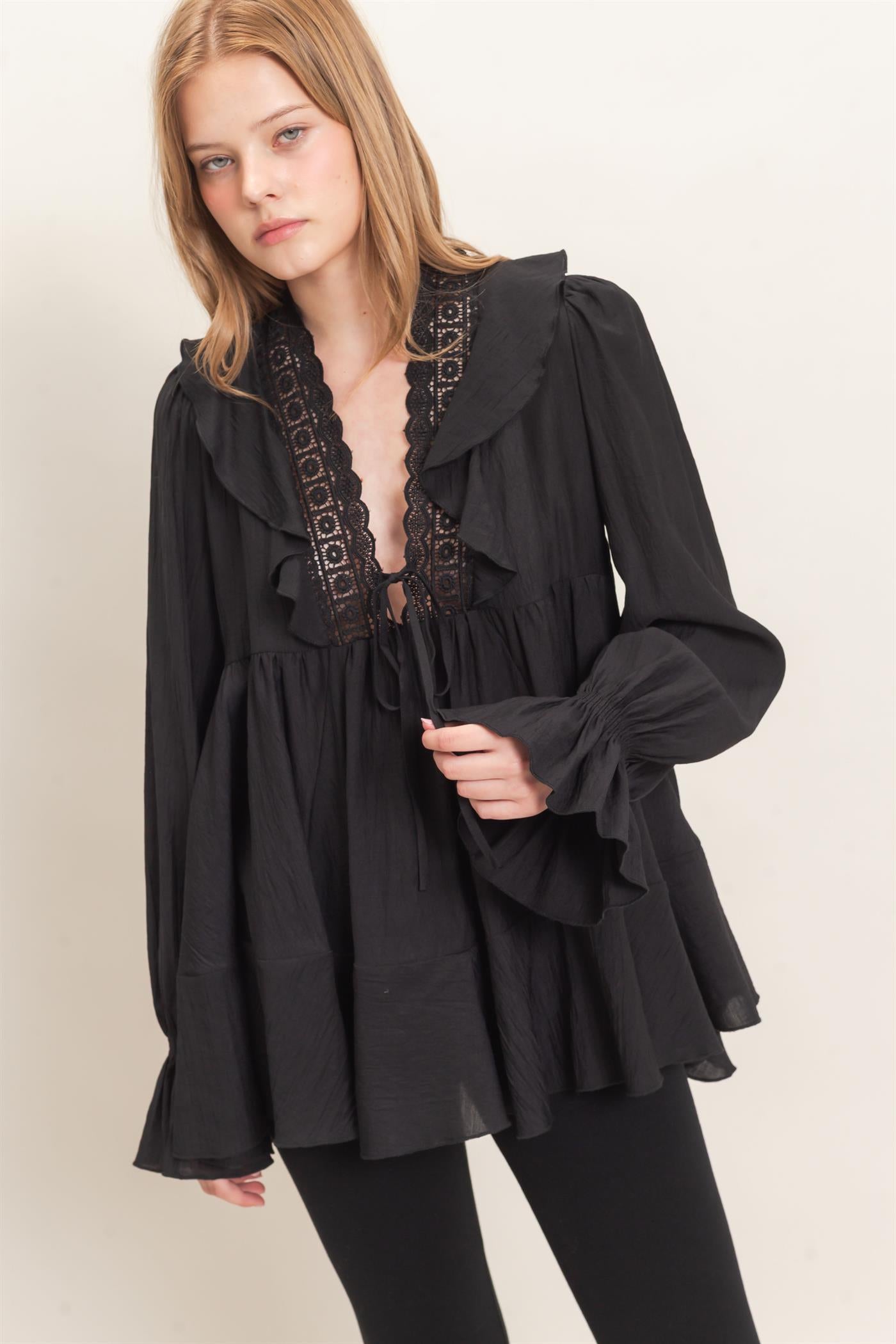 Wholesale Ruffle Lace Tie Neck Blouse Tunics HF26E642 BLACK HYFVE