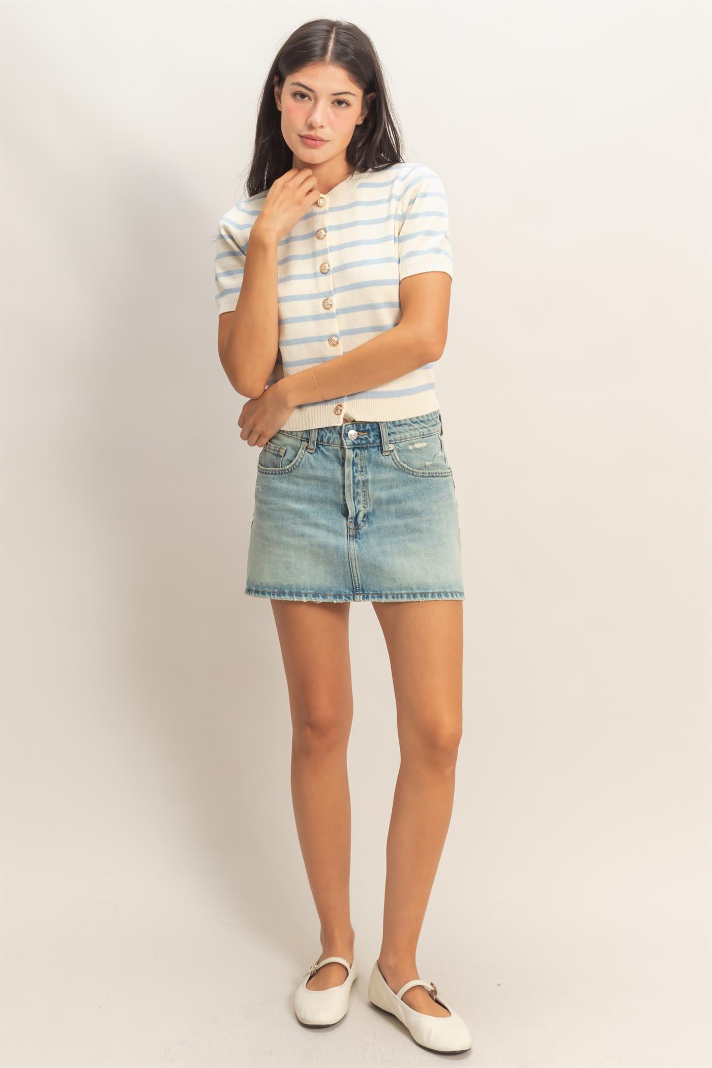 Wholesale Striped Short Sleeve Button Up Cardigan Cardigans DZ26A604 ICE BLUE DOUBLE ZERO
