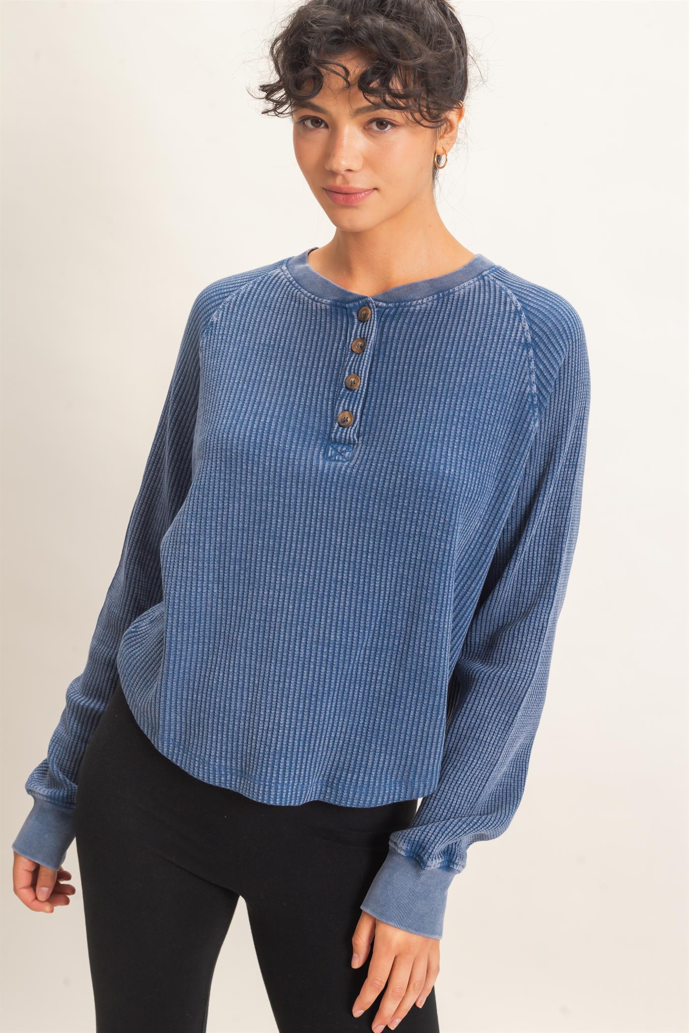 Wholesale Mineral Wash Waffle Knit Henley Top Sweatshirts DZ26E947 NAVY DOUBLE ZERO