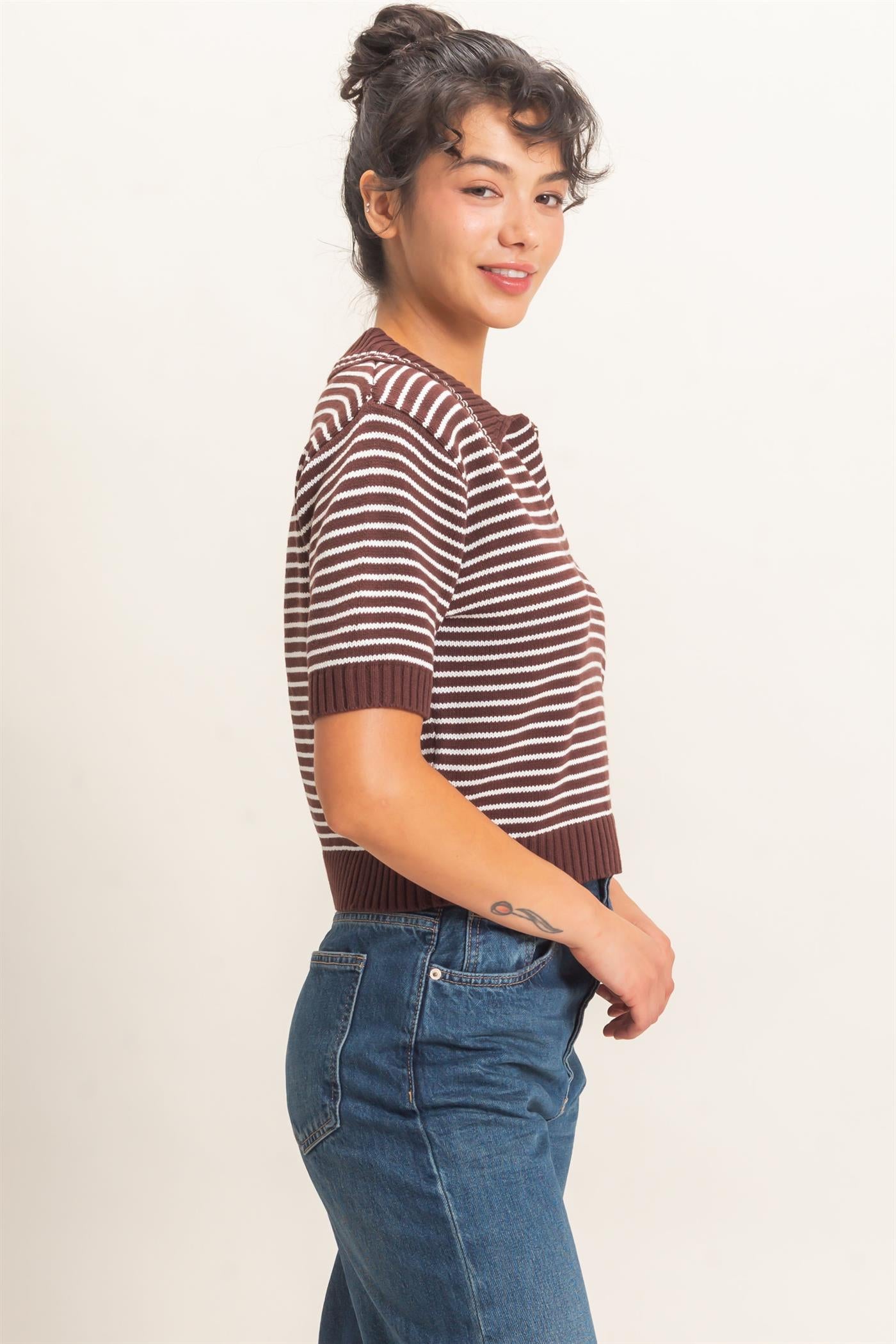 Wholesale Striped Short Sleeve Collar Knit Top Clothing Tops DZ26E261 DARK BROWN DOUBLE ZERO