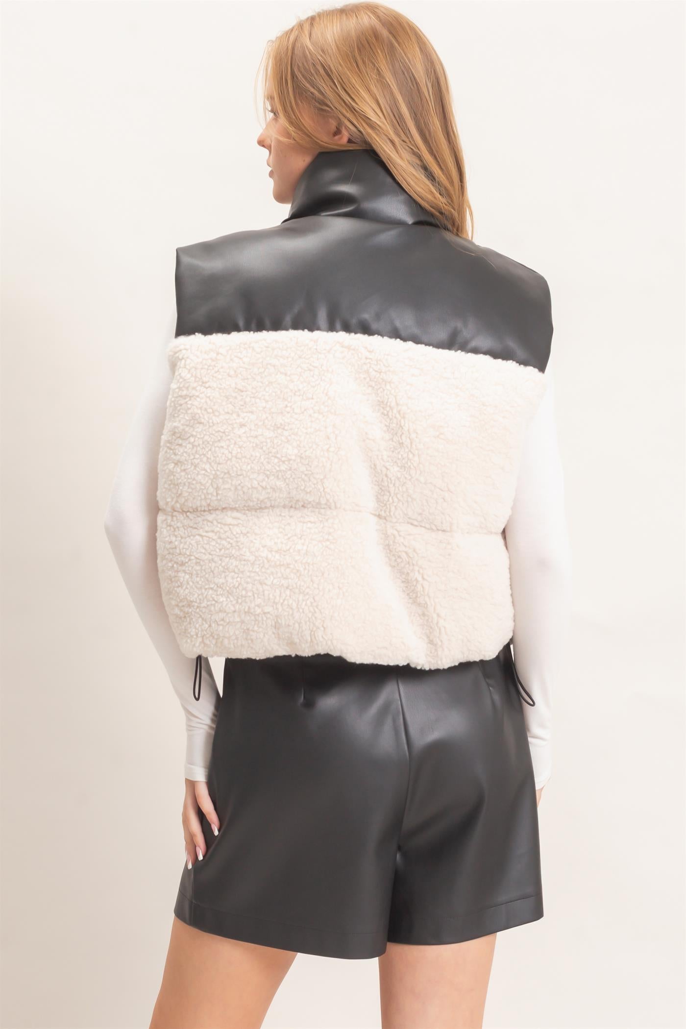 Wholesale Faux Fur & Pu Padded Vest Outerwear HF26F204 CREAM HYFVE