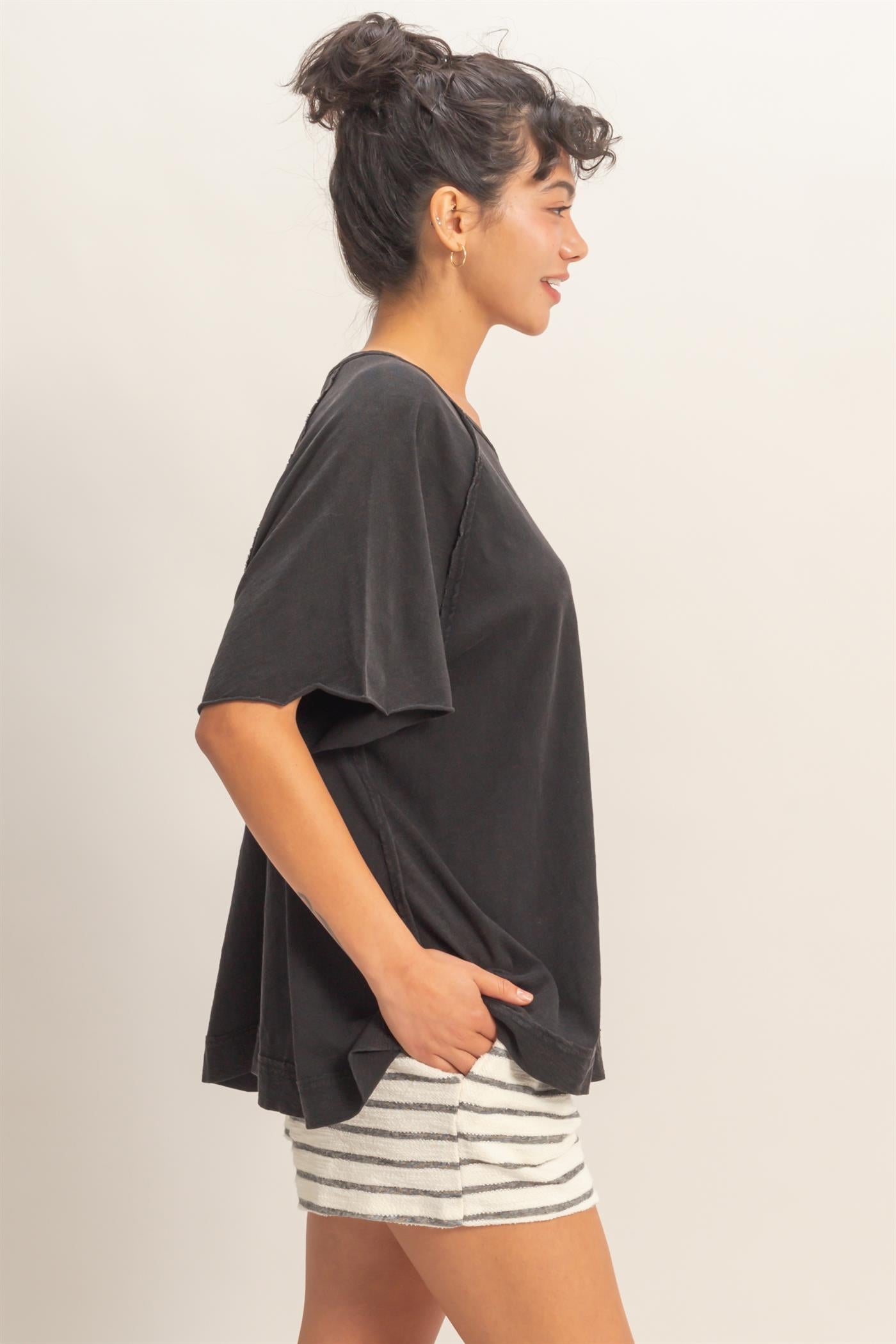 Wholesale Acid Washed Oversized Raw Edges Raglan Tee T-Shirts DZ26A333 BLACK DOUBLE ZERO