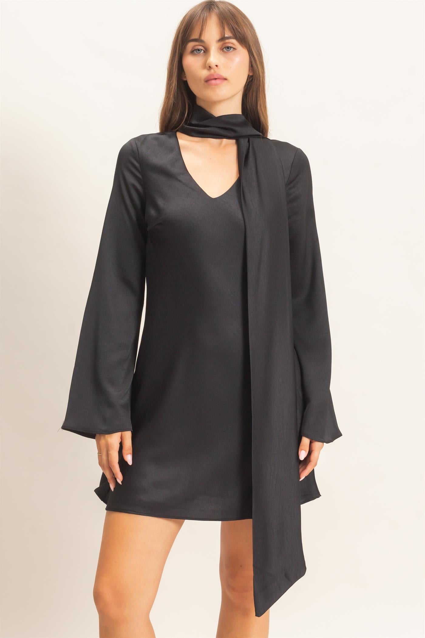 Wholesale Bias Satin Dress With Scarf Dresses HF26E928 BLACK HYFVE