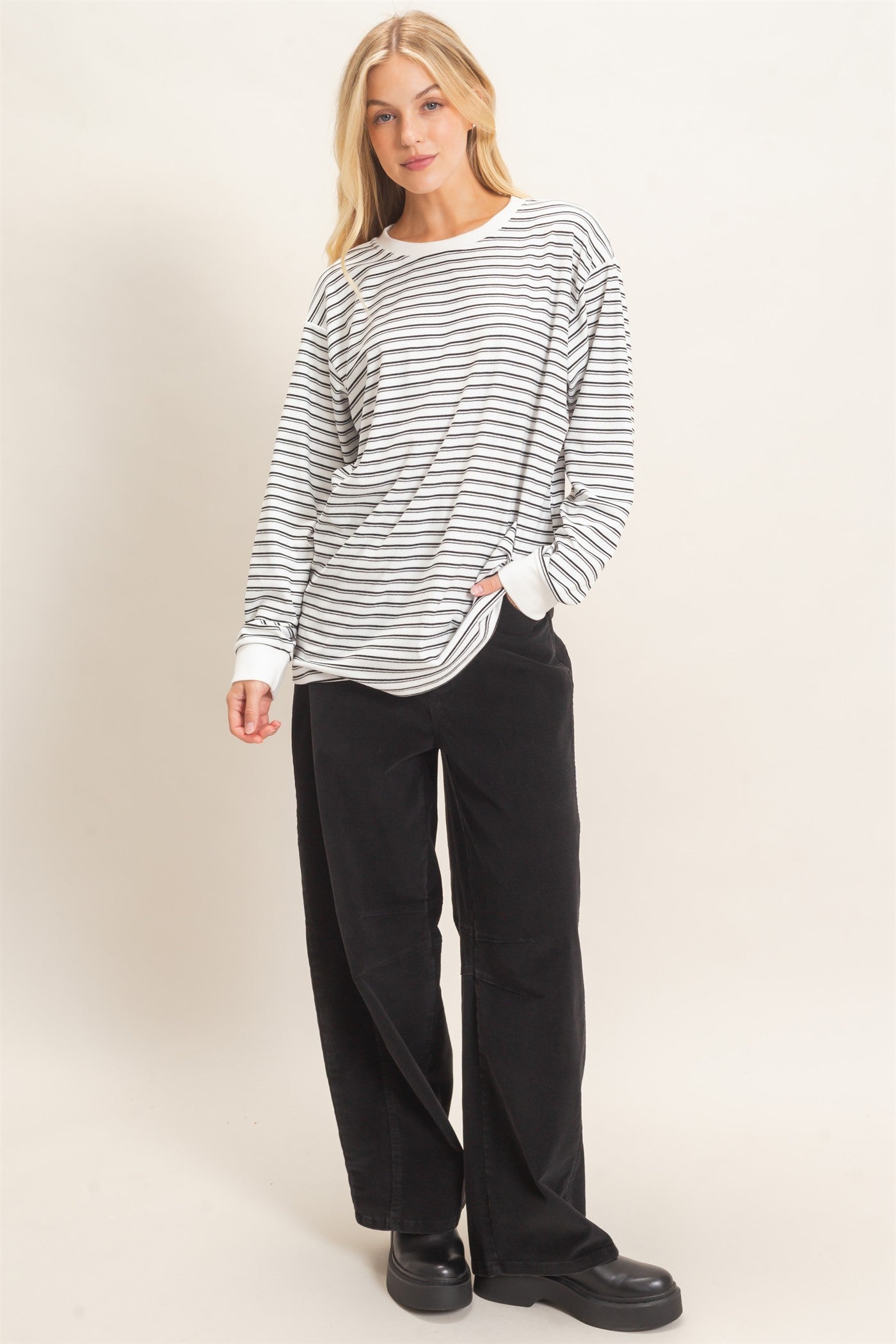 Wholesale Striped Long Sleeve Crew Neck Top Clothing Tops HF26C676 WHITE HYFVE