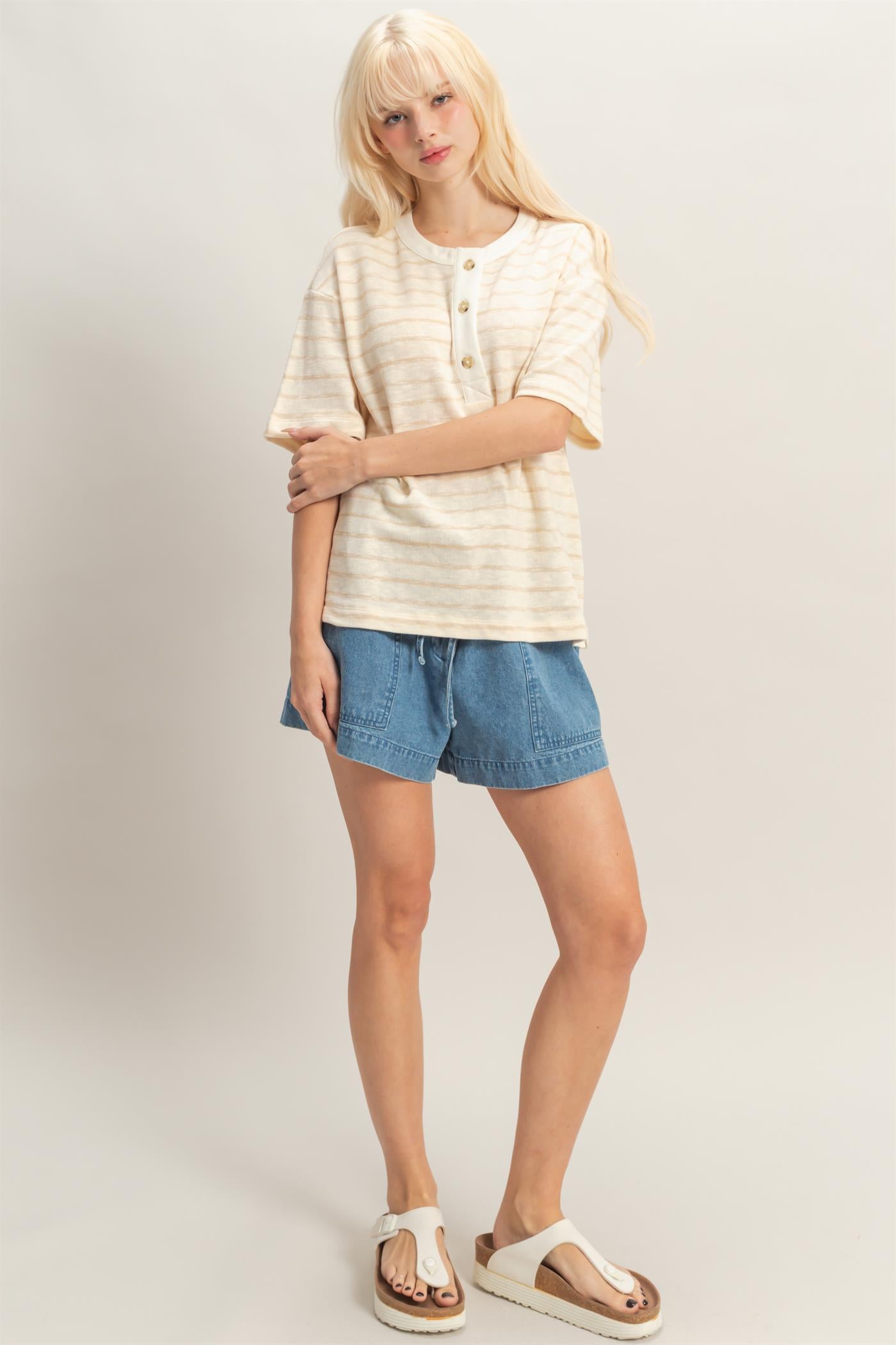 Wholesale Striped Short Sleeve Henley Top Clothing Tops DZ26A653 TAUPE DOUBLE ZERO