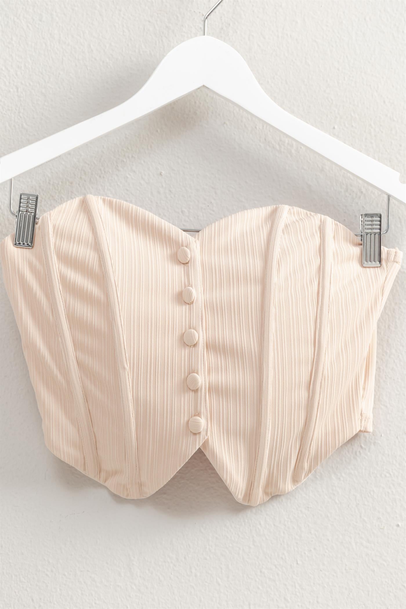 Wholesale Buttoned Front Strapless Knit Bustier Top Clothing Tops HF25A209 ALMOND HYFVE