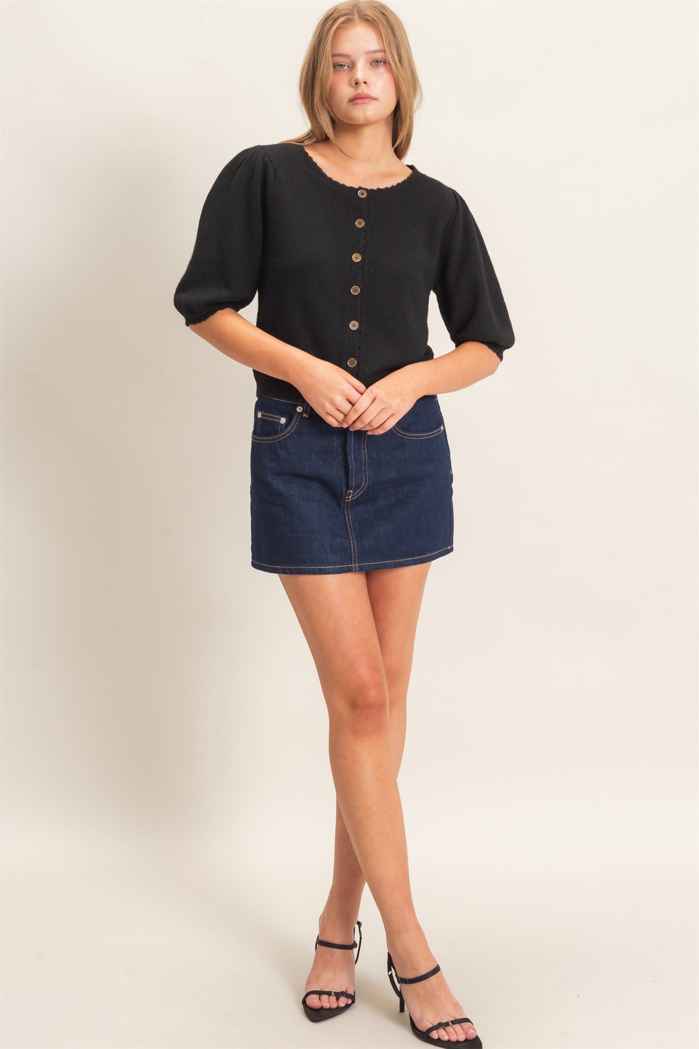 Wholesale Button-Up Puff Sleeve Sweater Cardigan Cardigans HF26E165 BLACK HYFVE