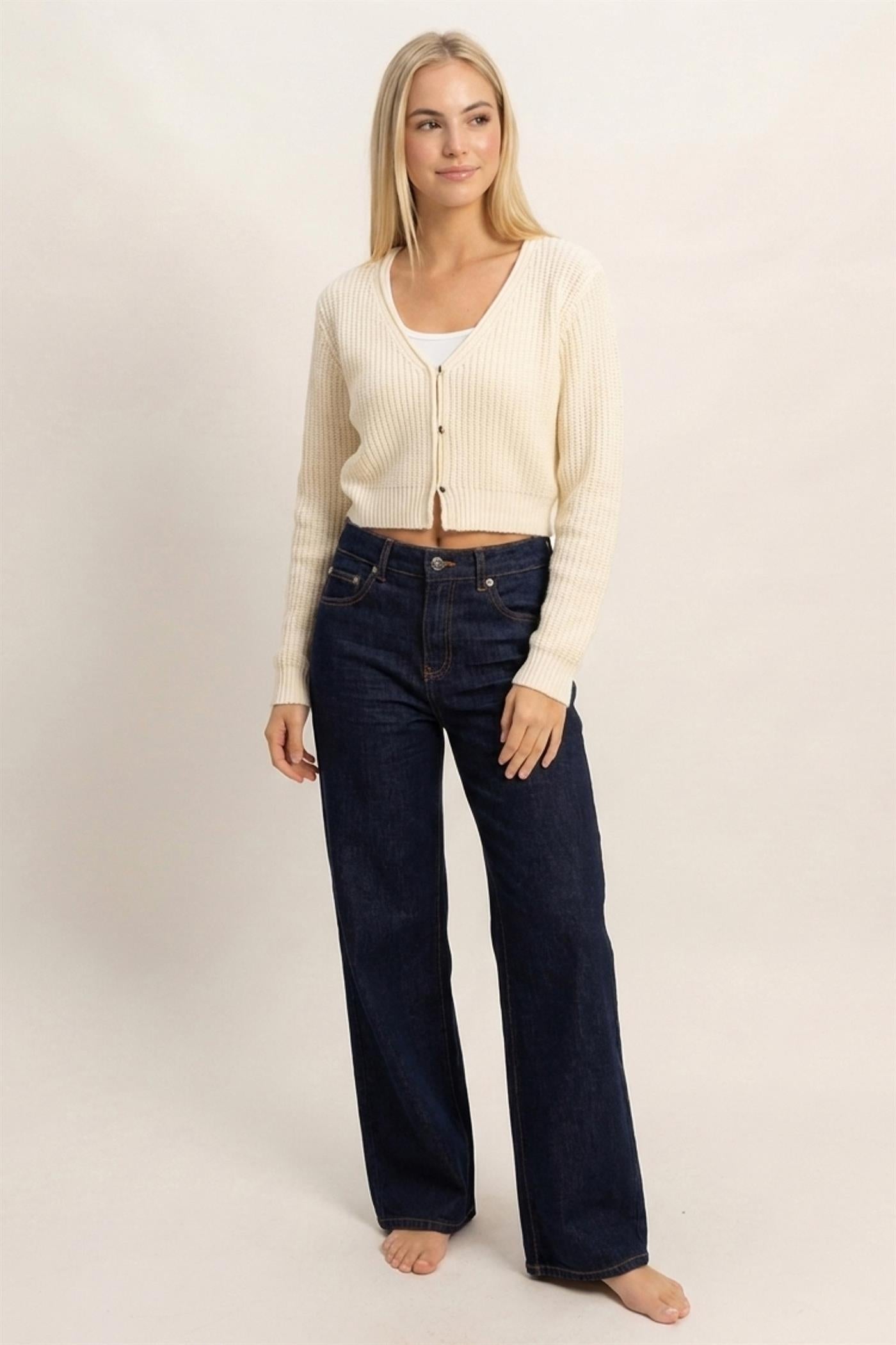 Wholesale V-Neck Ribbed Cardigan Cardigans DZ26E106 IVORY DOUBLE ZERO