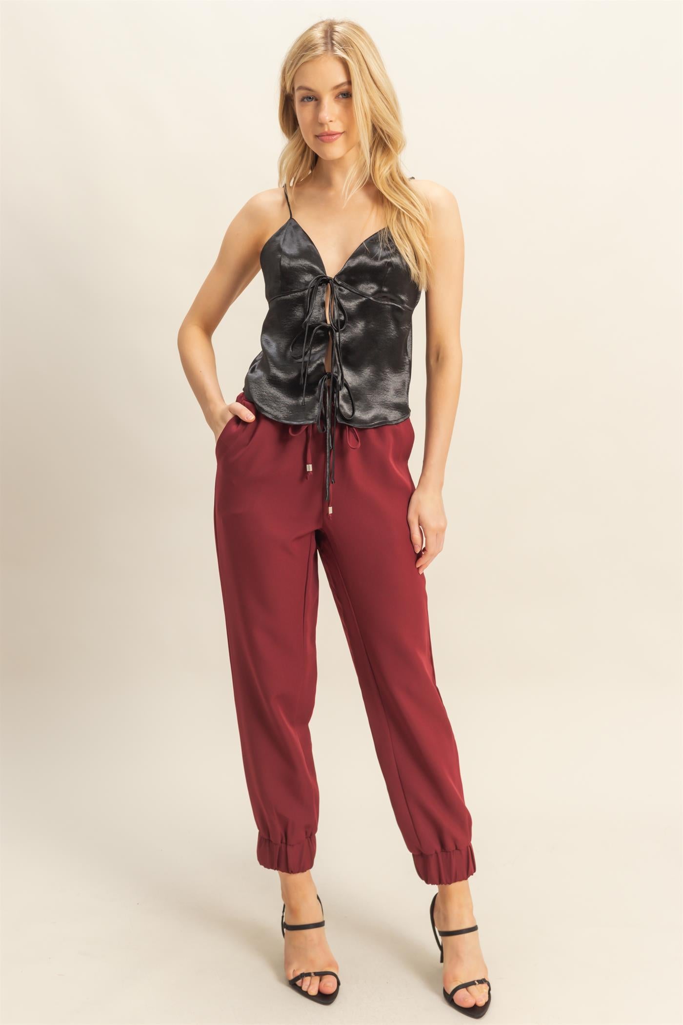 Wholesale Satin Lace-Up Camisole Camisoles HF25F065 BLACK HYFVE