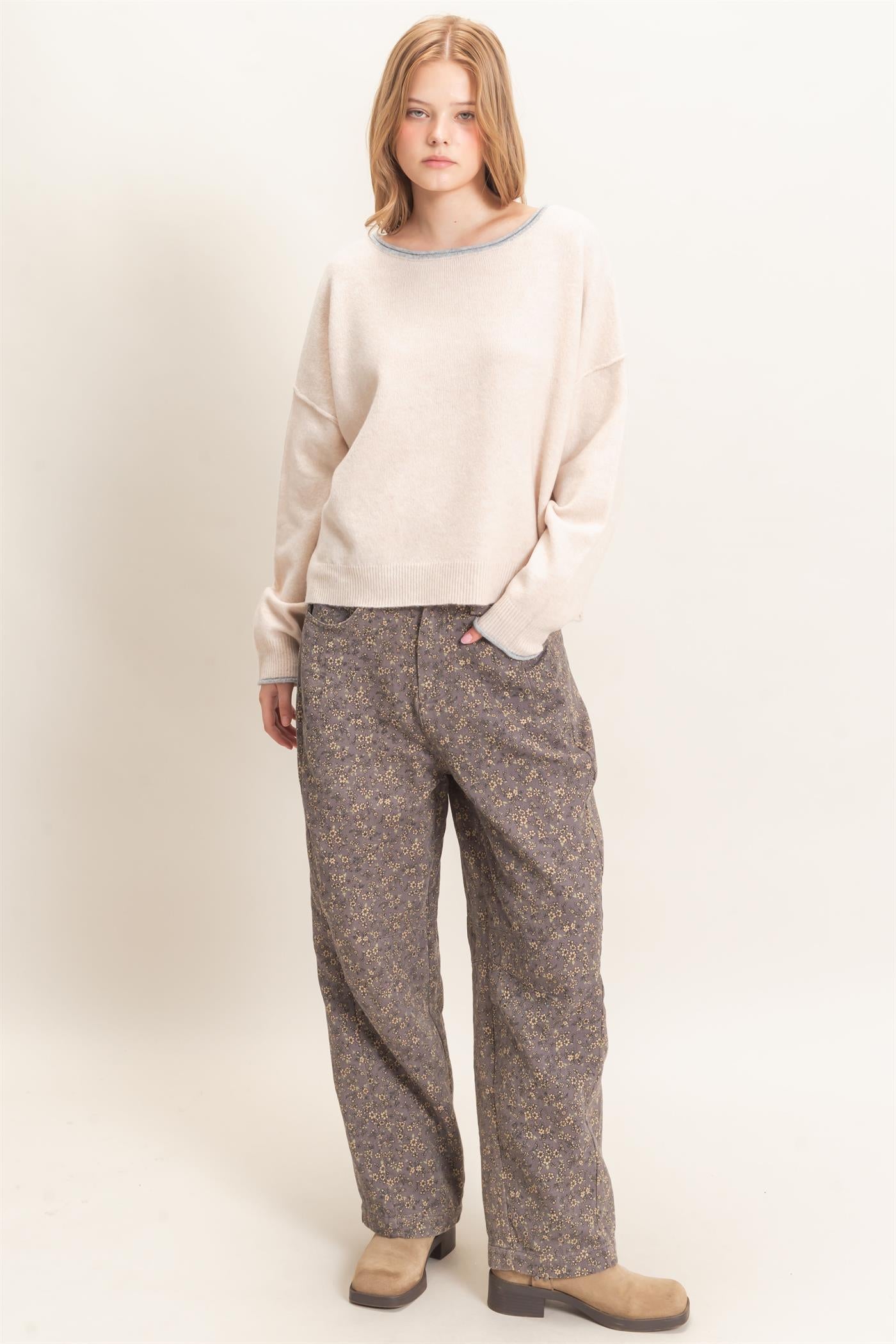 Wholesale Relaxed Wide Neck Knit Sweater Sweaters HF26E066-D ALMOND HYFVE