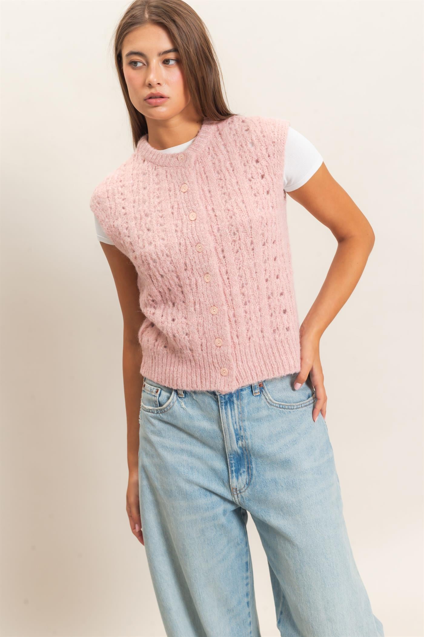 Wholesale Open Knit Sleeveless Button Front Sweater Vest Sweaters DZ26A829 PINK DOUBLE ZERO