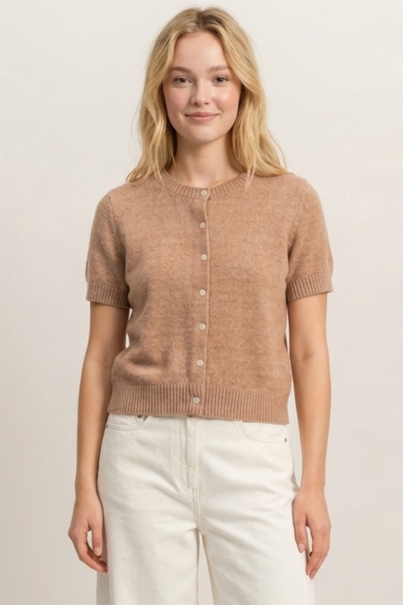 Wholesale Crew Neck Short Sleeve Cardigan Cardigans DZ26E108 DARK TAUPE DOUBLE ZERO