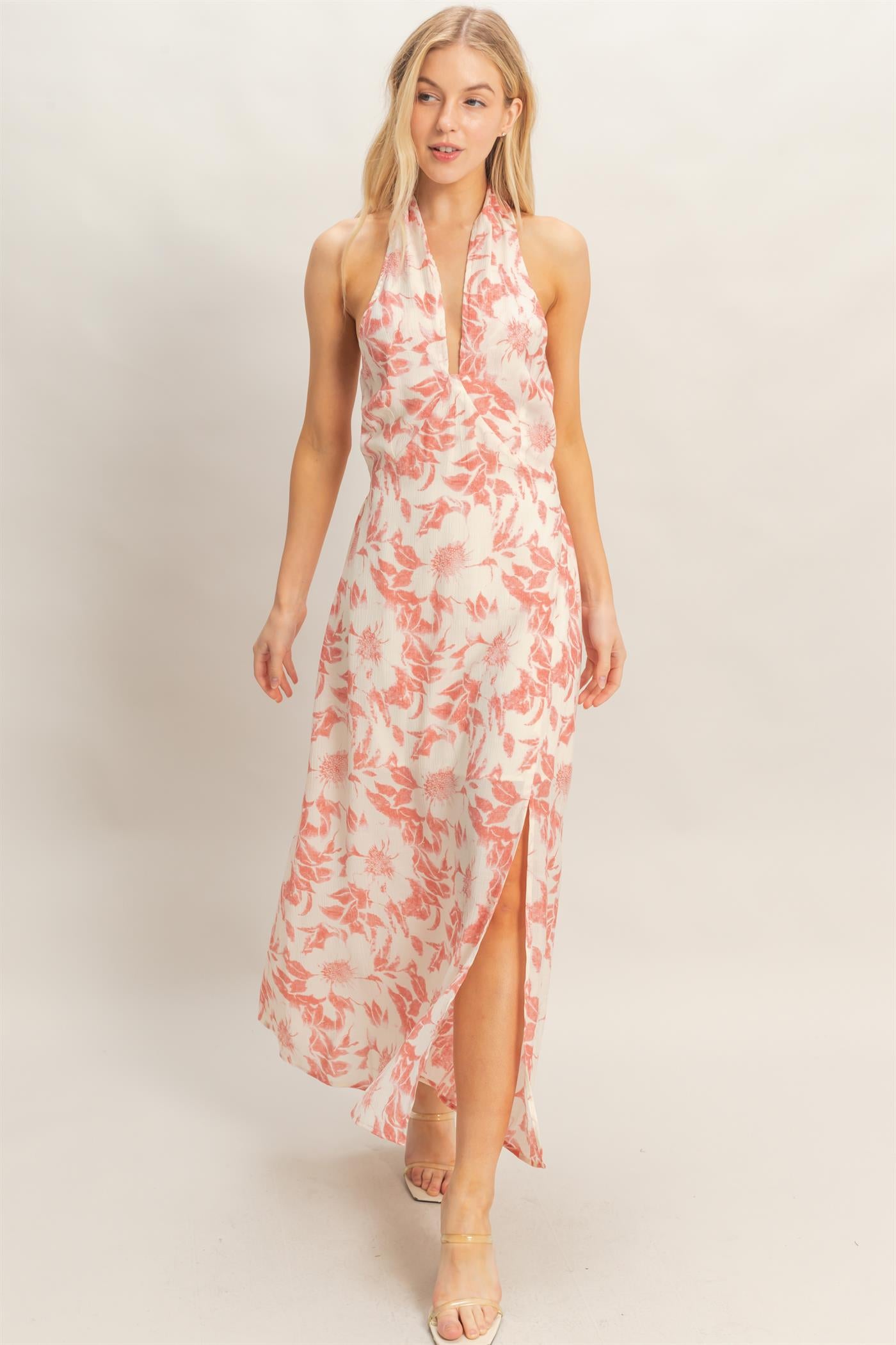 Wholesale Floral Halter Neck Dress Dresses HF26C752 CORAL HYFVE