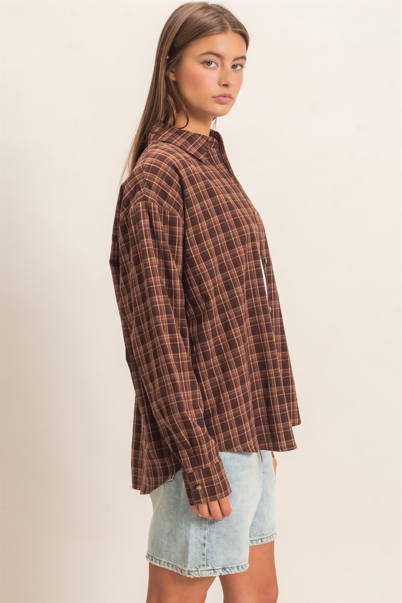 Wholesale Plaid Oversized Shirt Shirts DZ26F062 BROWN DOUBLE ZERO