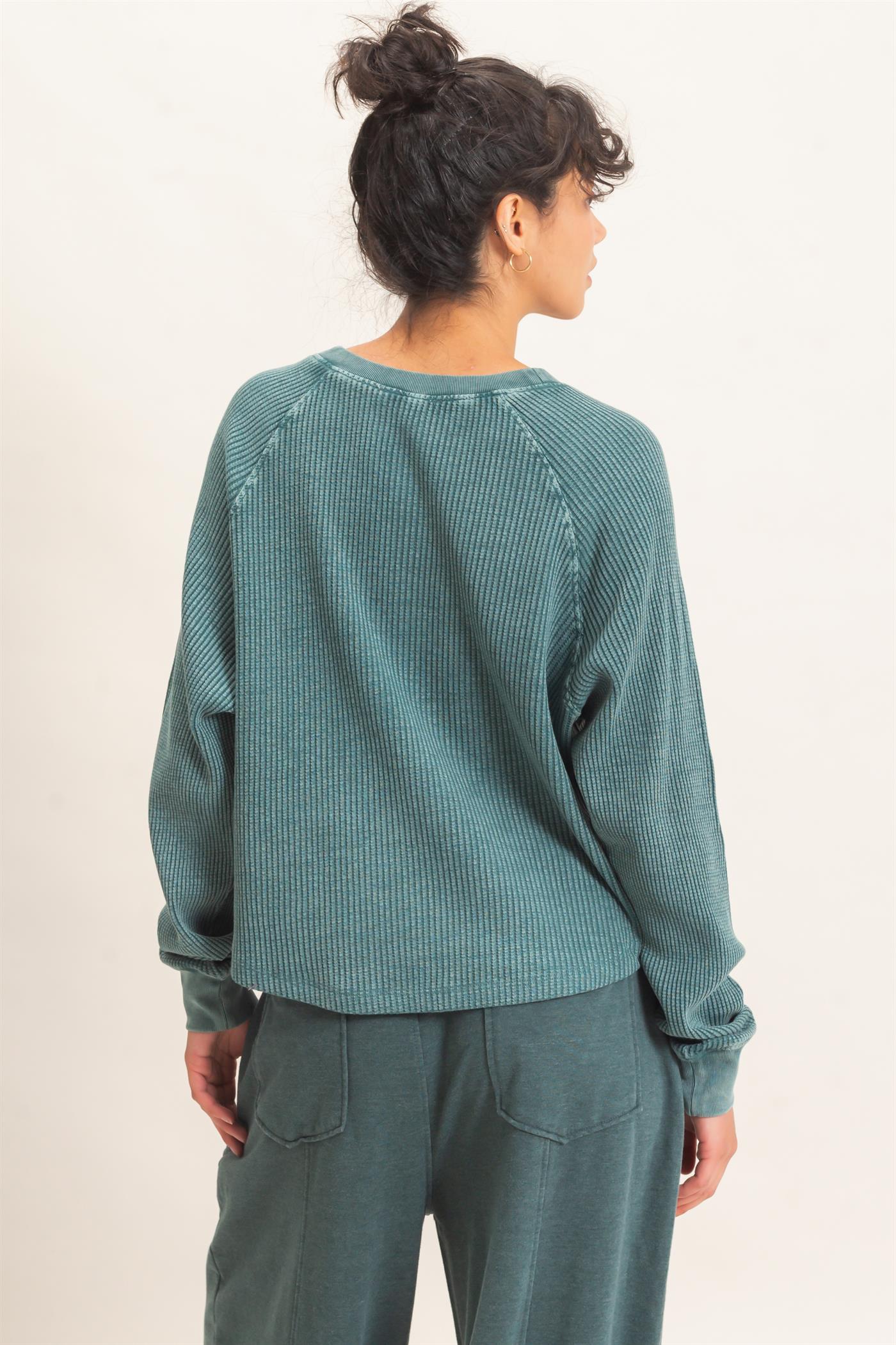 Wholesale Mineral Wash Waffle Knit Henley Top Sweatshirts DZ26E947 DARK TEAL DOUBLE ZERO