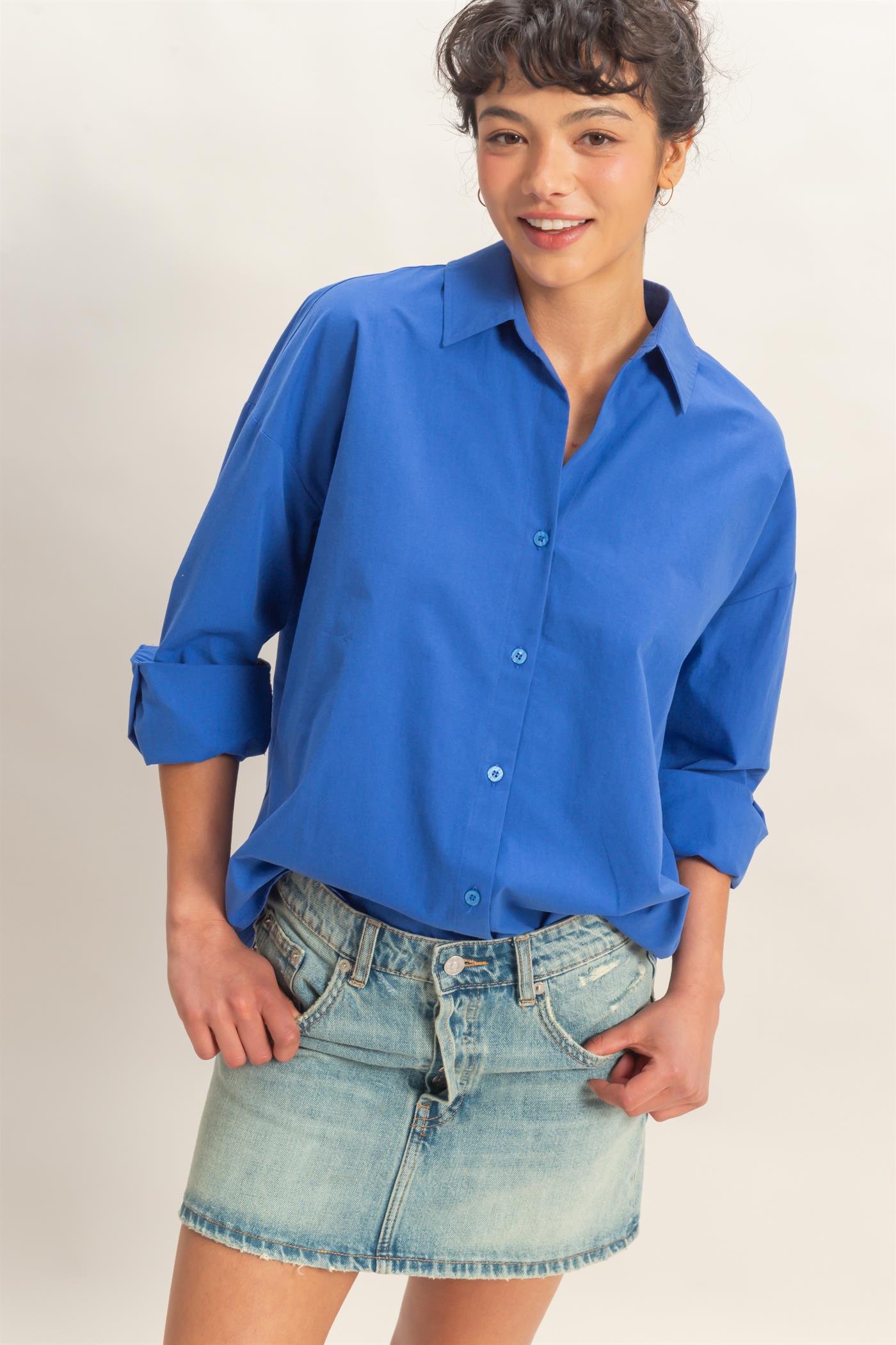 Wholesale Button Up Poplin Shirt Clothing Tops DZ26A330 COBALT HYFVE