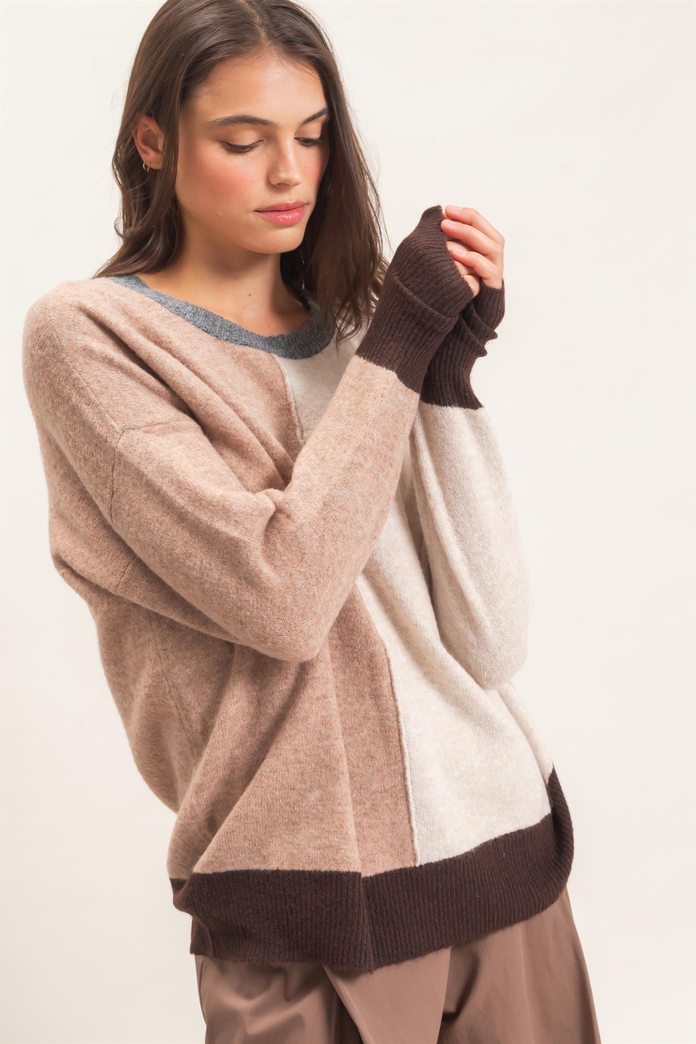 Wholesale Colorblock Crew Neck Sweater Sweaters HF26E151 BROWN HYFVE