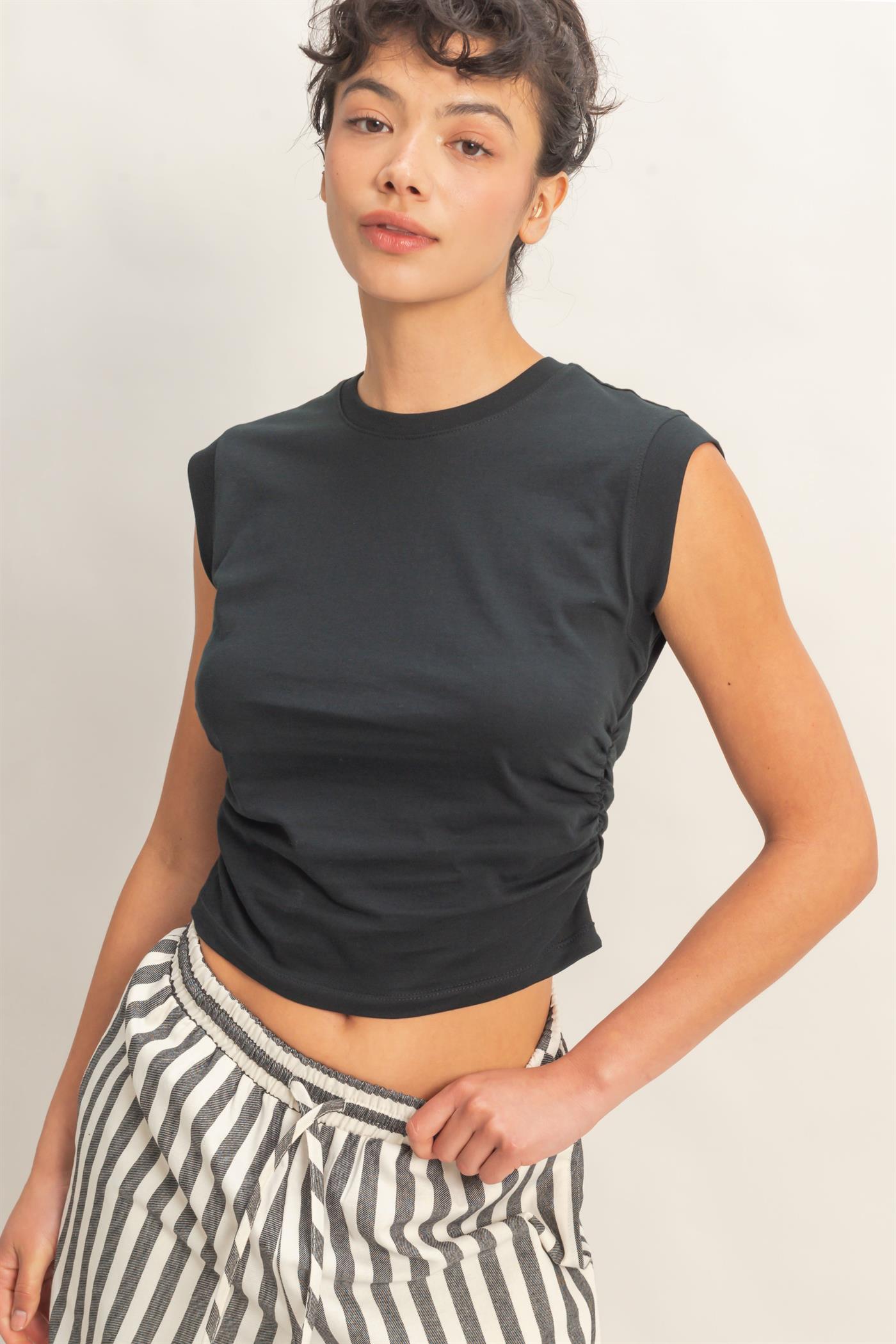 Wholesale Ruched Waist Sleeveless Cotton Top Clothing Tops DZ26C520 BLACK DOUBLE ZERO