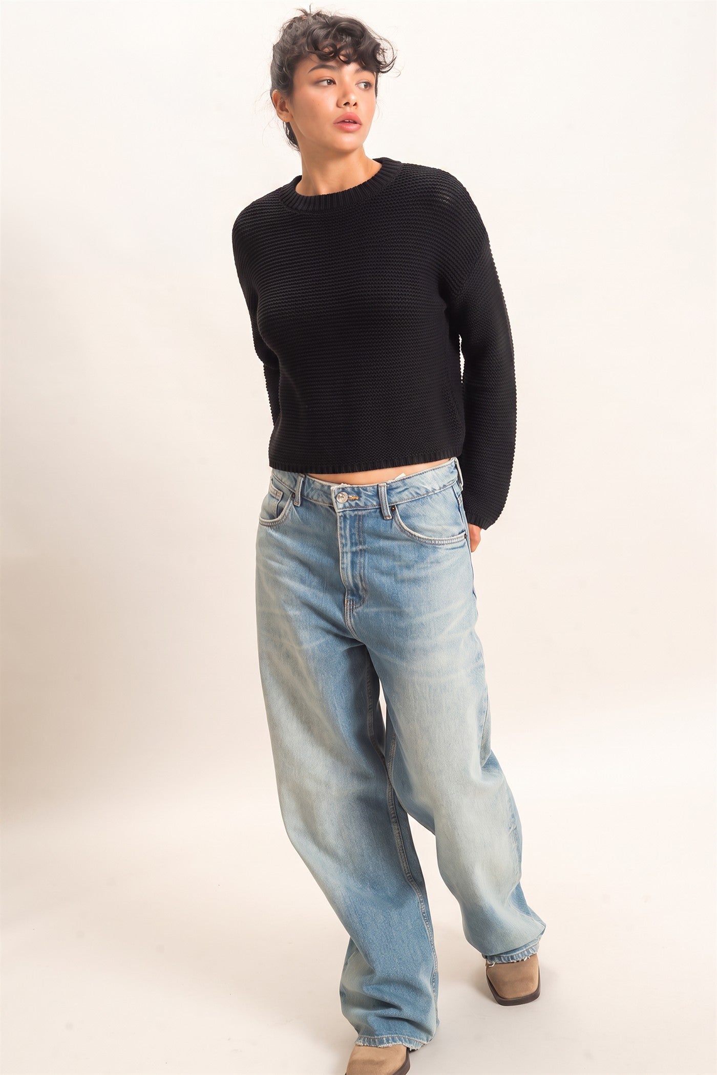 Wholesale Textured Knit Crew Neck Sweater Sweaters DZ26F395 BLACK DOUBLE ZERO