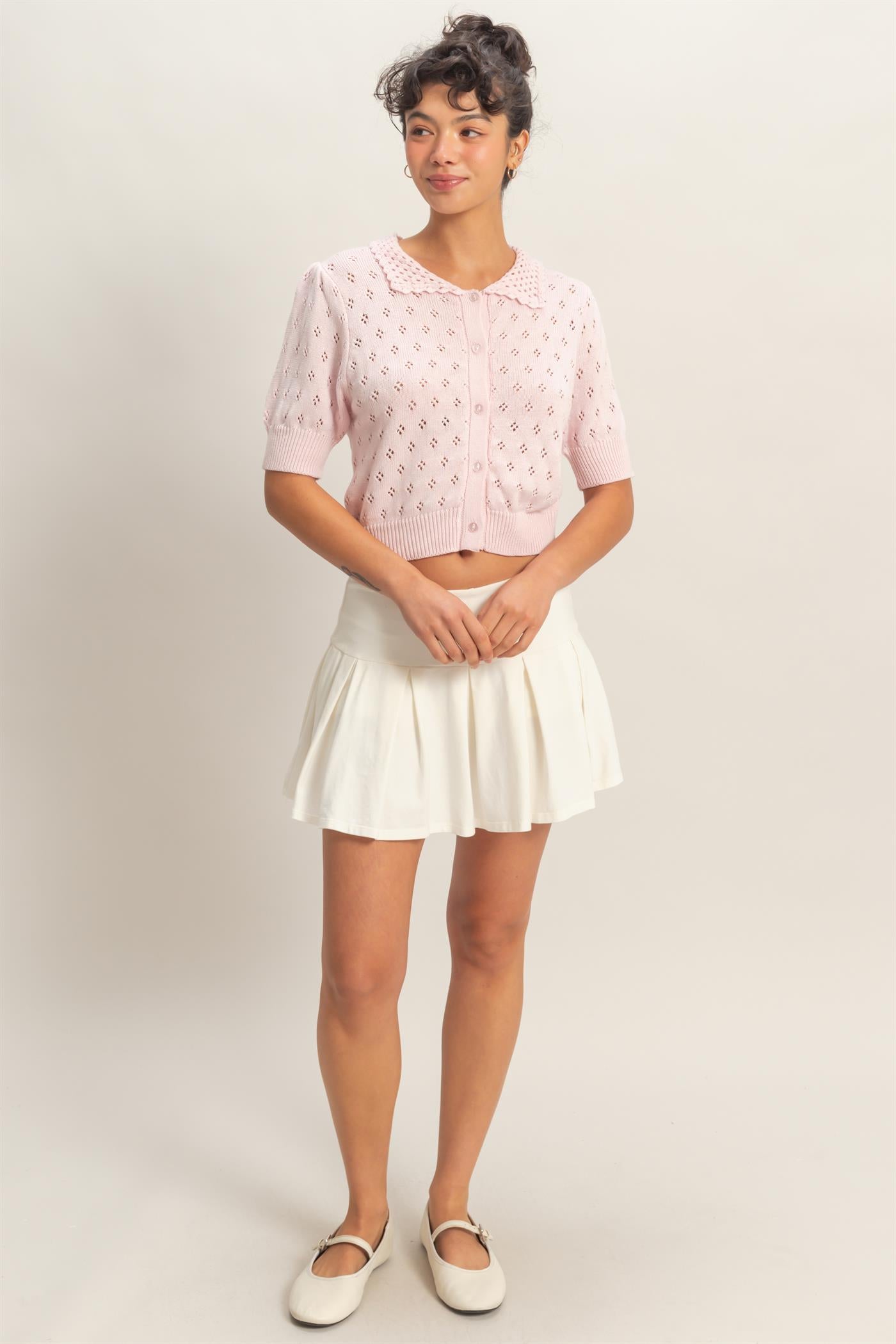 Wholesale Pointelle Collar Button-Up Puff Sleeve Knit Top Clothing Tops DZ26A748 SOFT PINK HYFVE