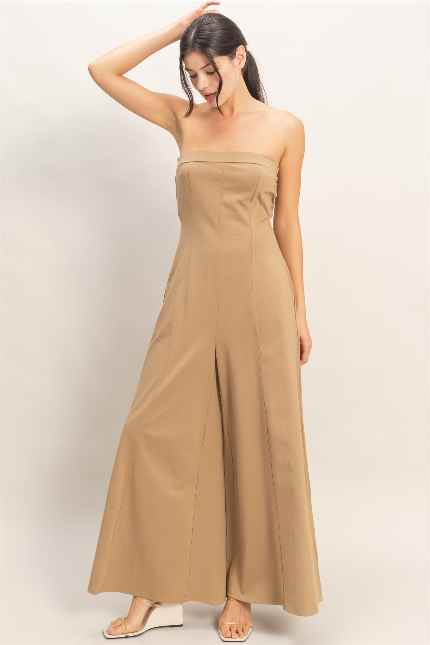 Wholesale Strapless Wide-Leg Jumpsuit Clothing HF26C314 TOBACCO BROWN HYFVE