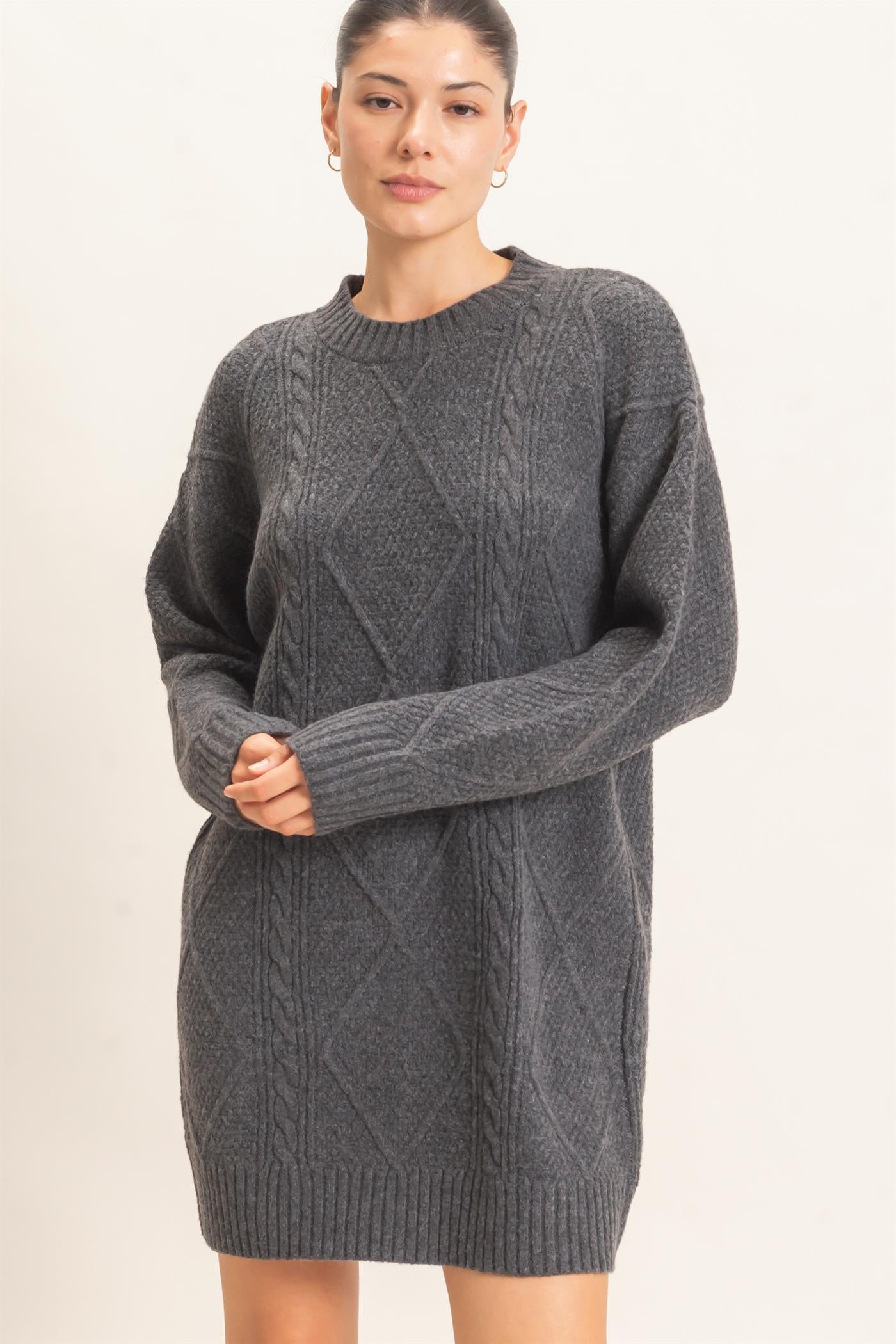 Wholesale Cable Knit Crew Neck Dress Dresses HF26F006 CHARCOAL HYFVE